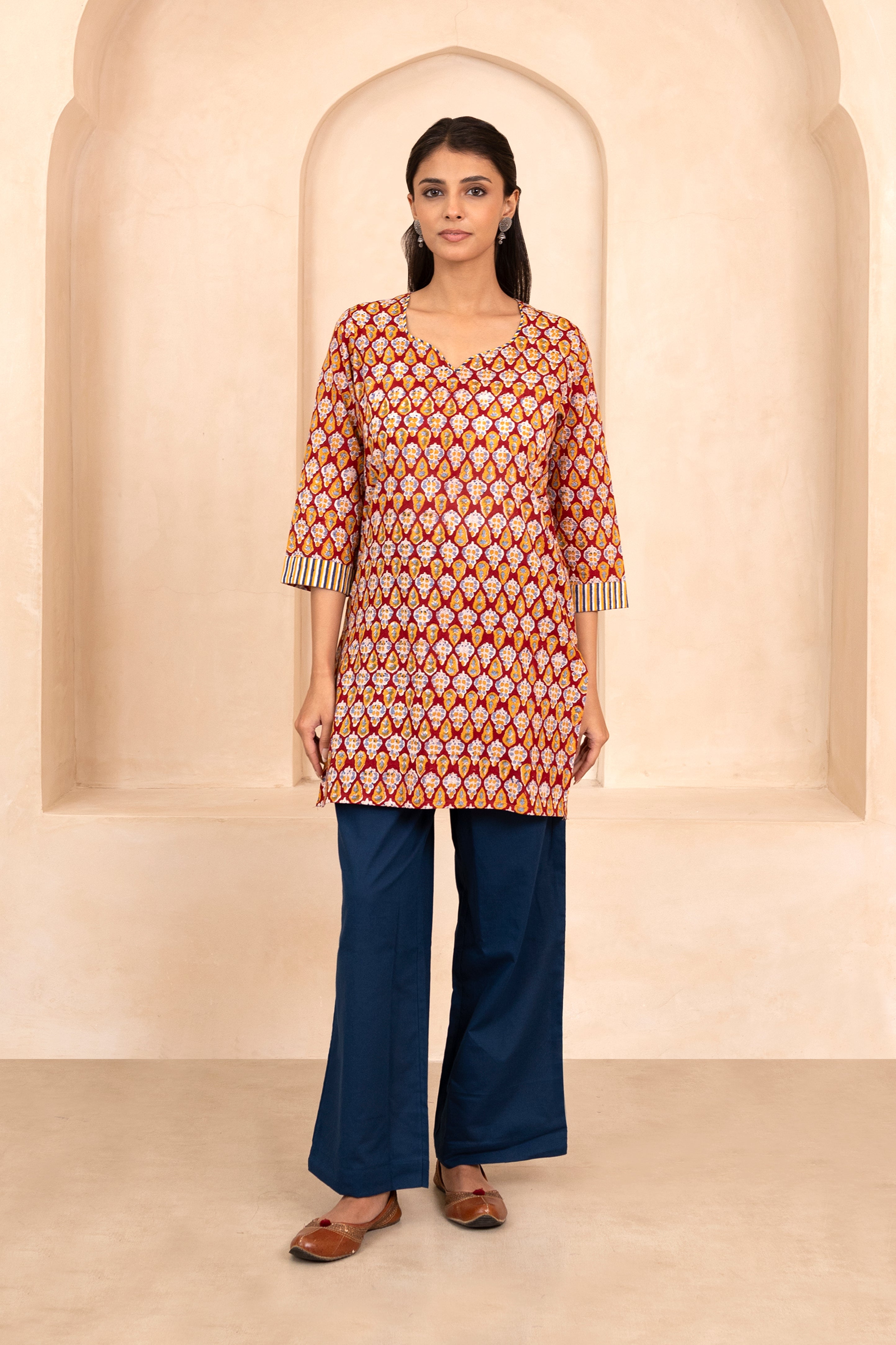 Red Handblock Printed Short Kurti
