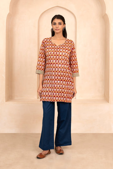 Red Handblock Printed Short Kurti