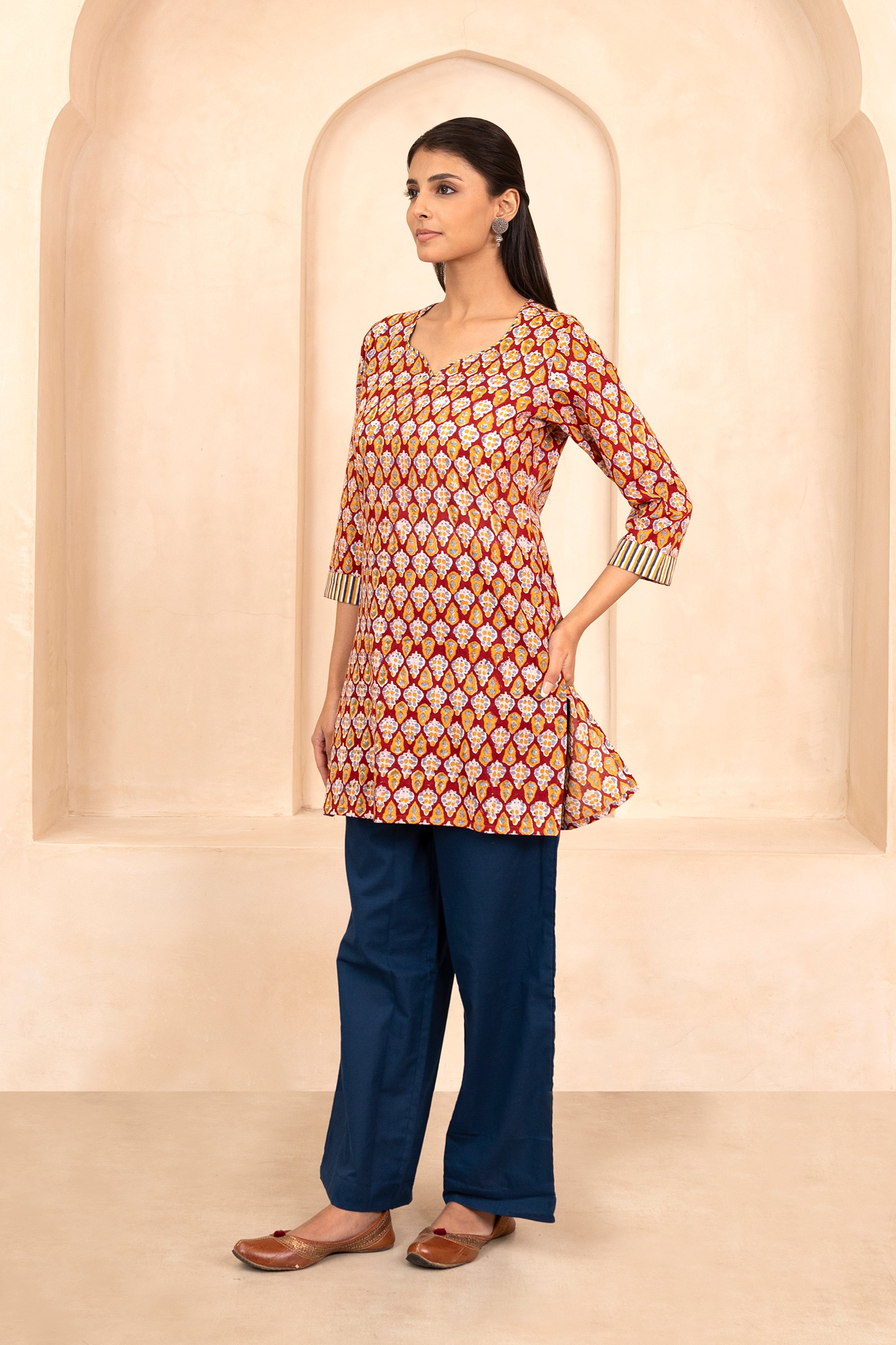 Red Handblock Printed Short Kurti