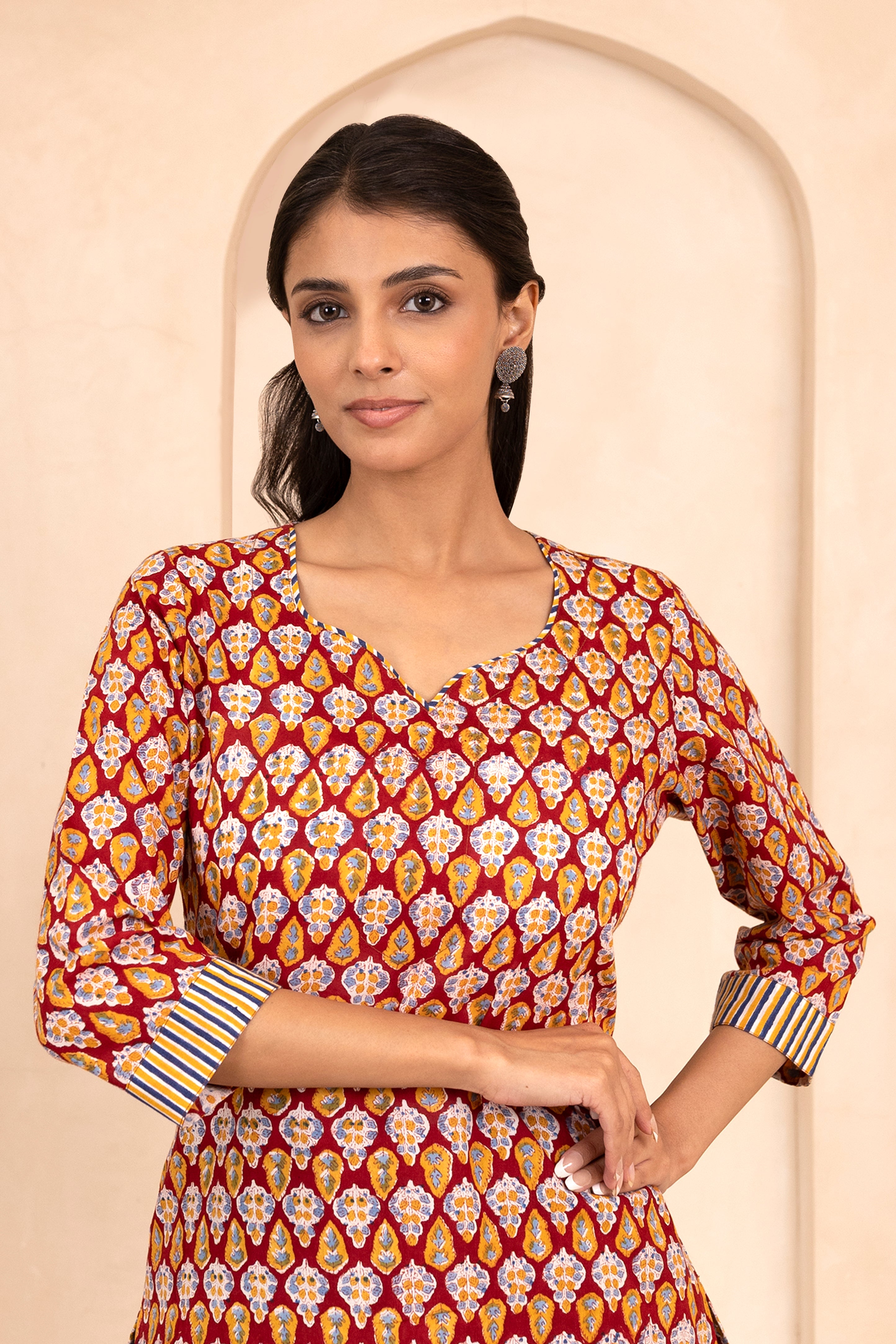 Red Handblock Printed Short Kurti