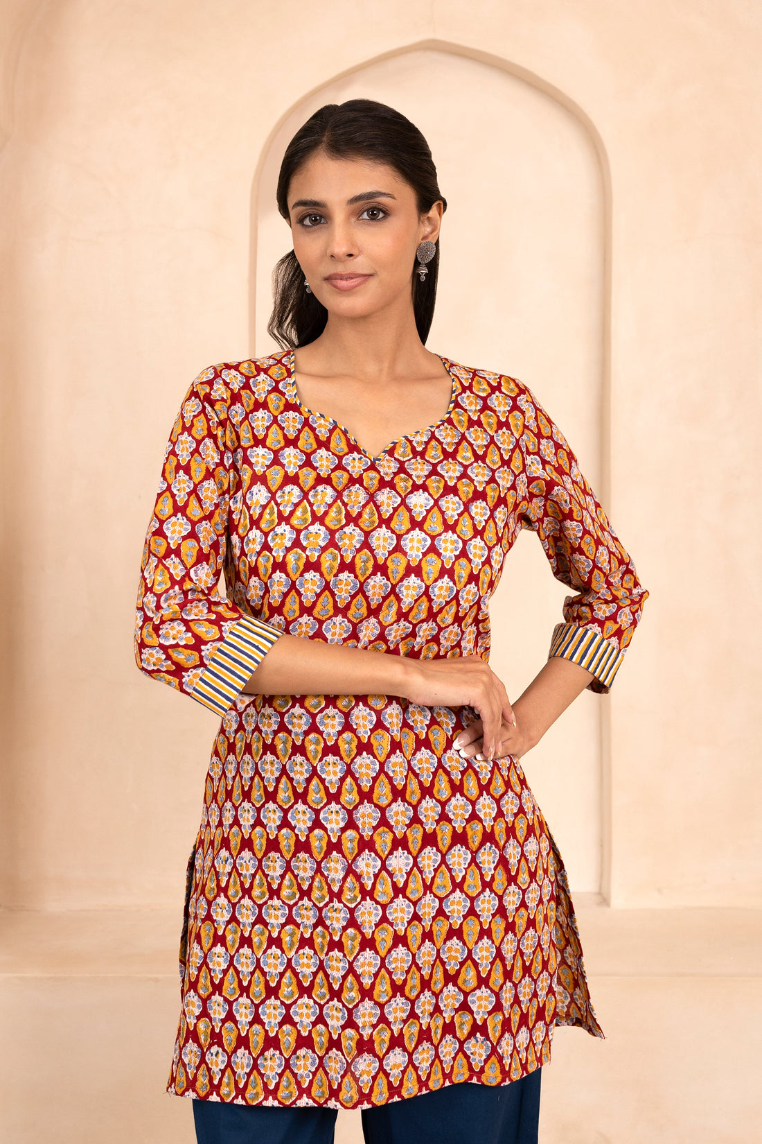 Red Handblock Printed Short Kurti