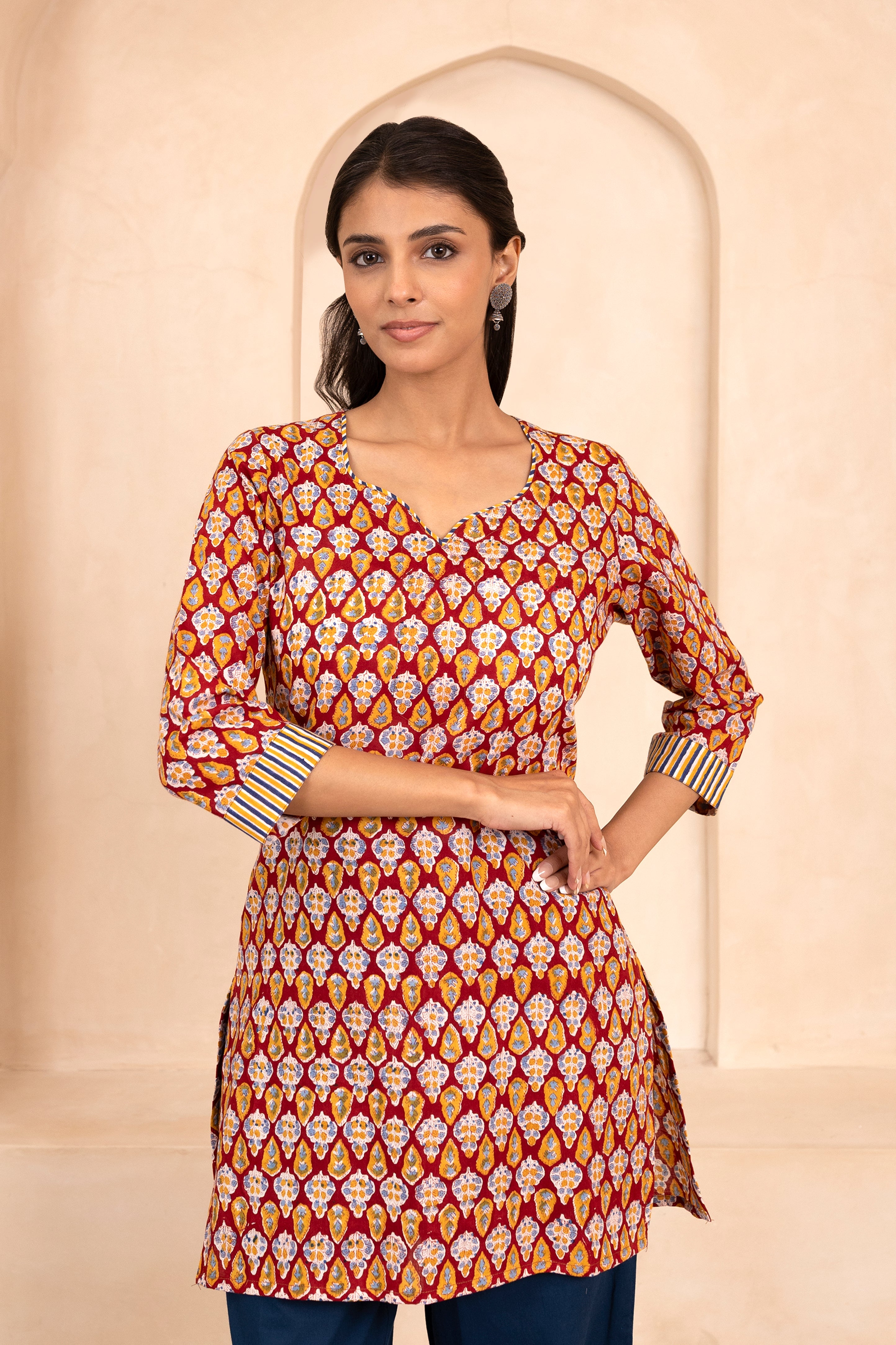 Red Handblock Printed Short Kurti