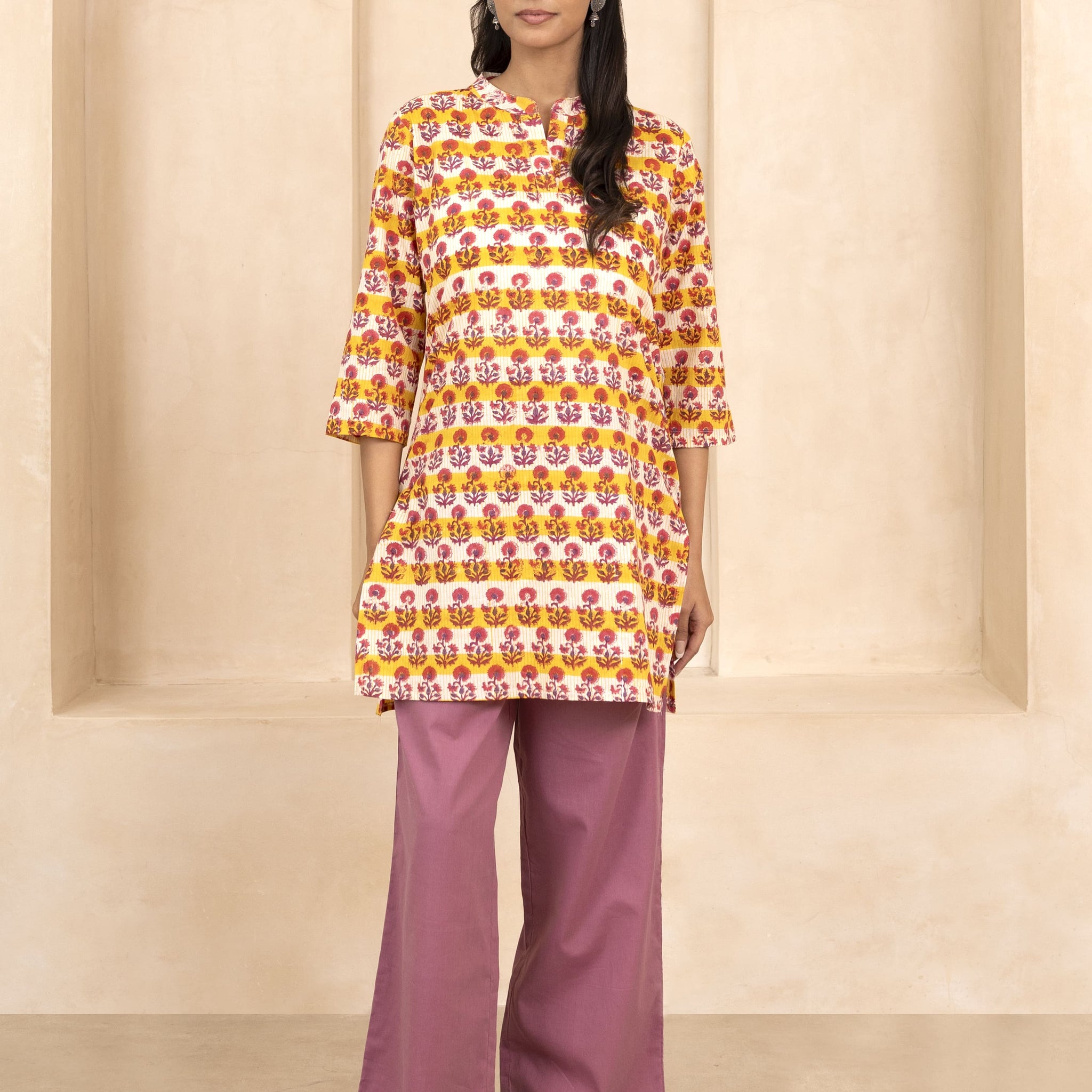 Yellow Handblock Printed Short Kurti