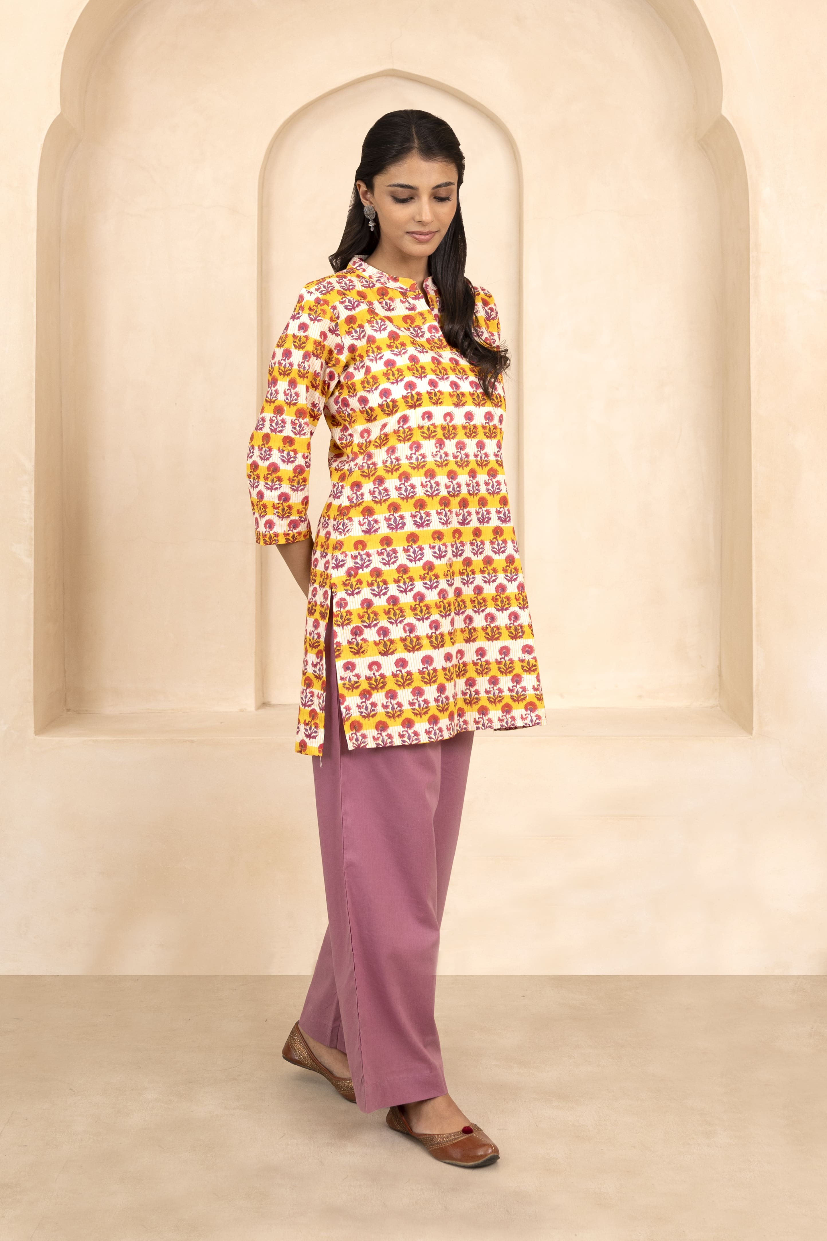 Yellow Handblock Printed Short Kurti