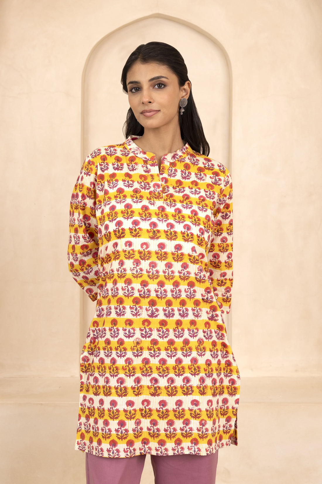 Yellow Handblock Printed Short Kurti
