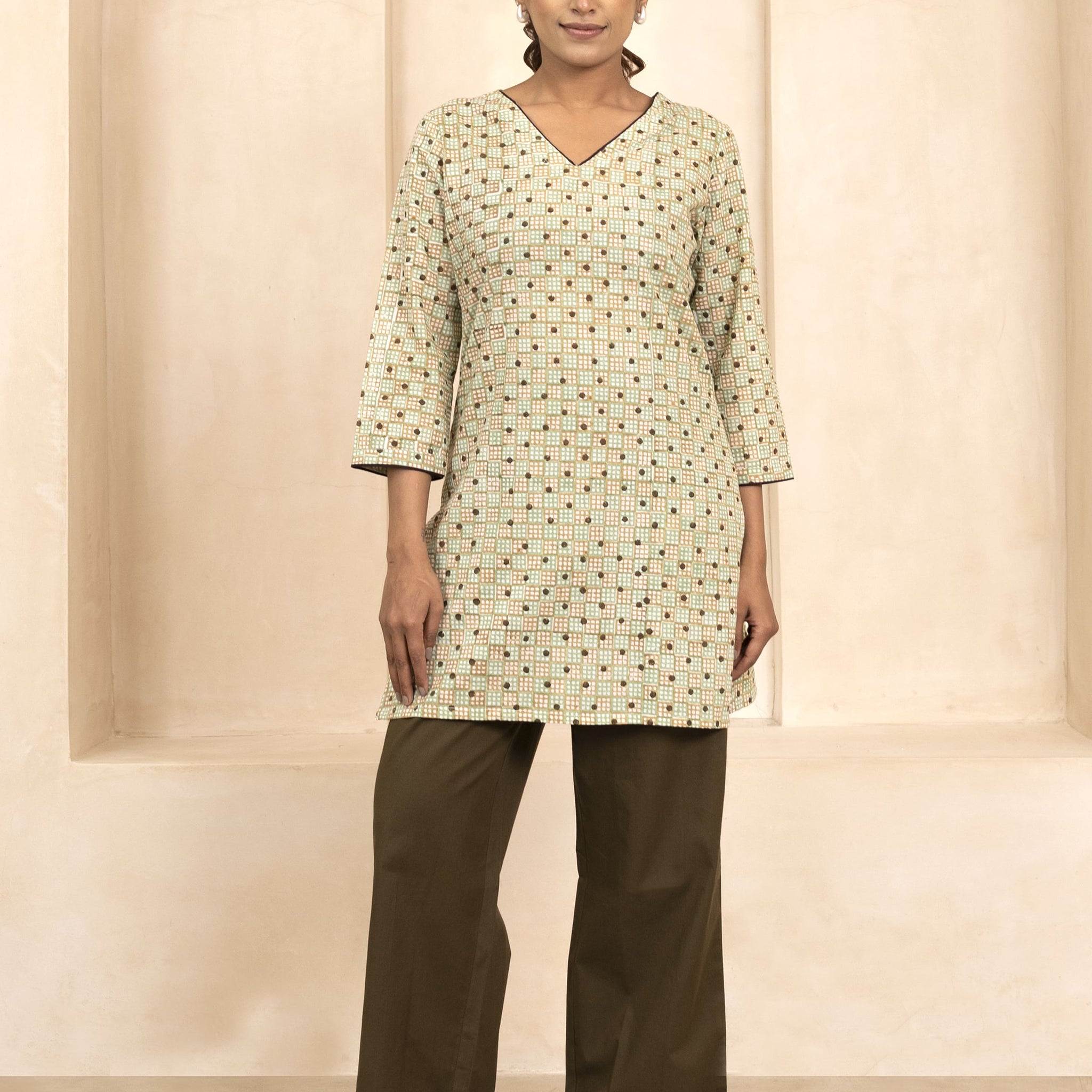 Mint and Beige Handblock Printed Short Kurti