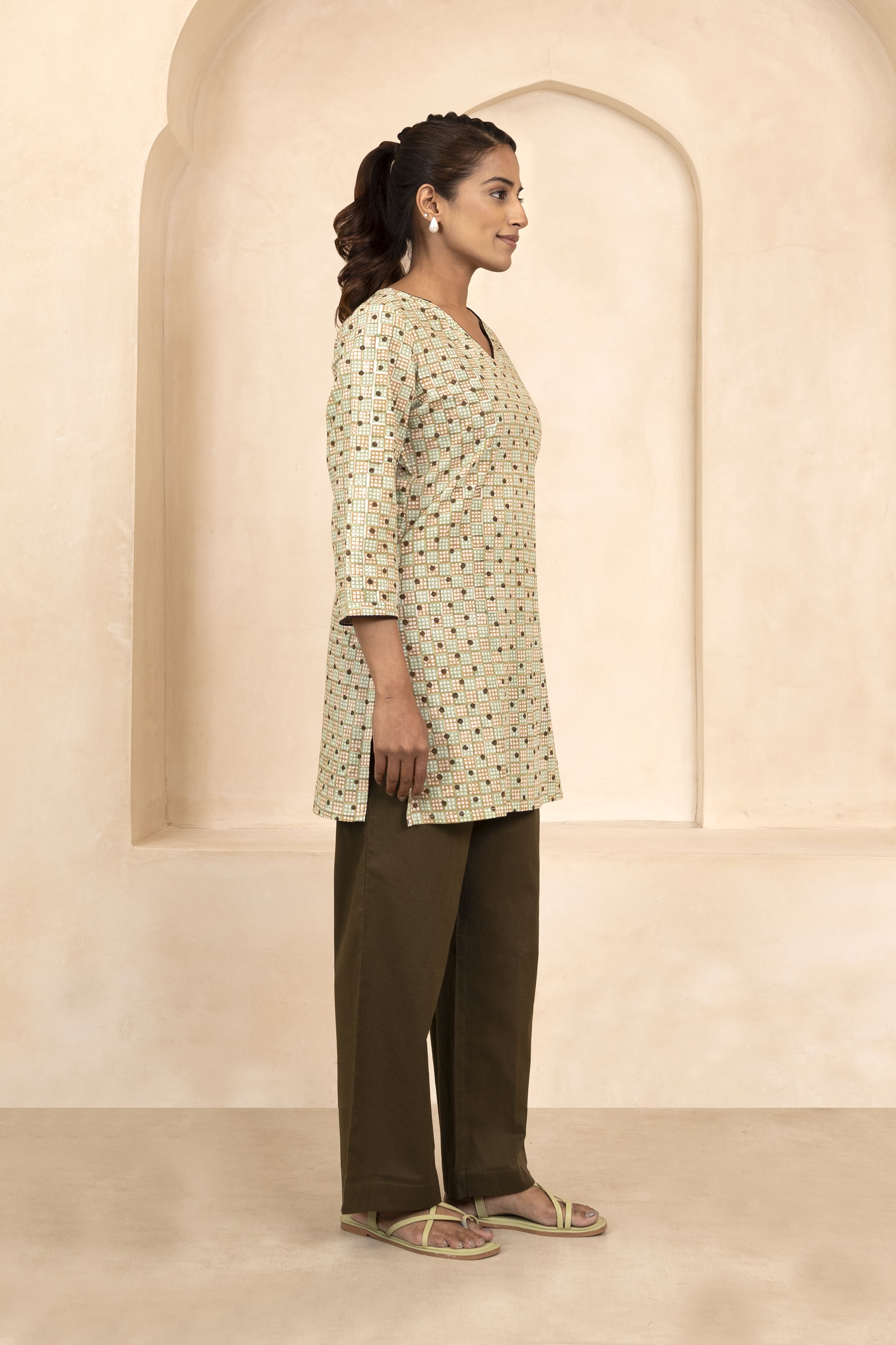 Mint and Beige Handblock Printed Short Kurti