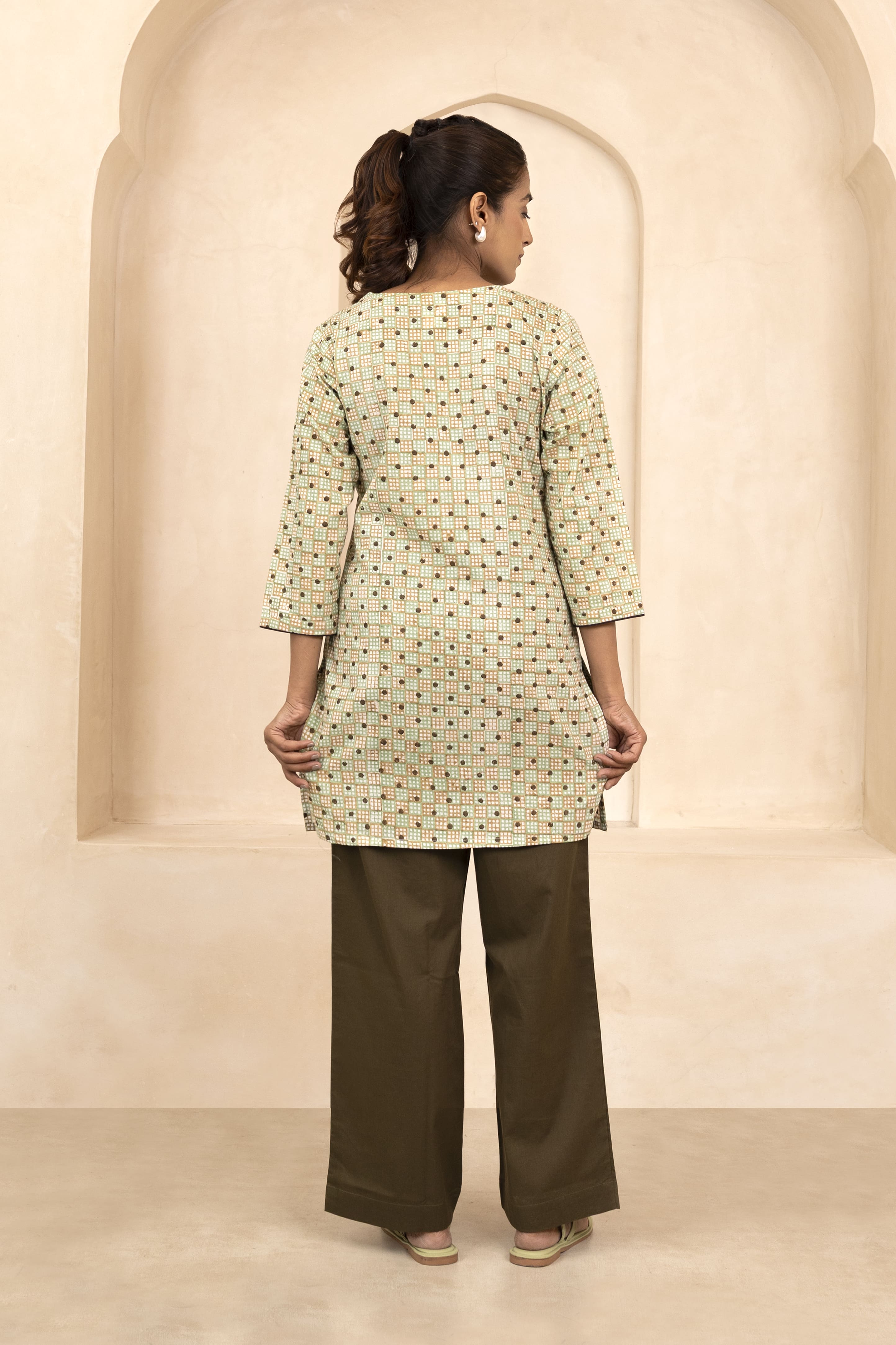 Mint and Beige Handblock Printed Short Kurti