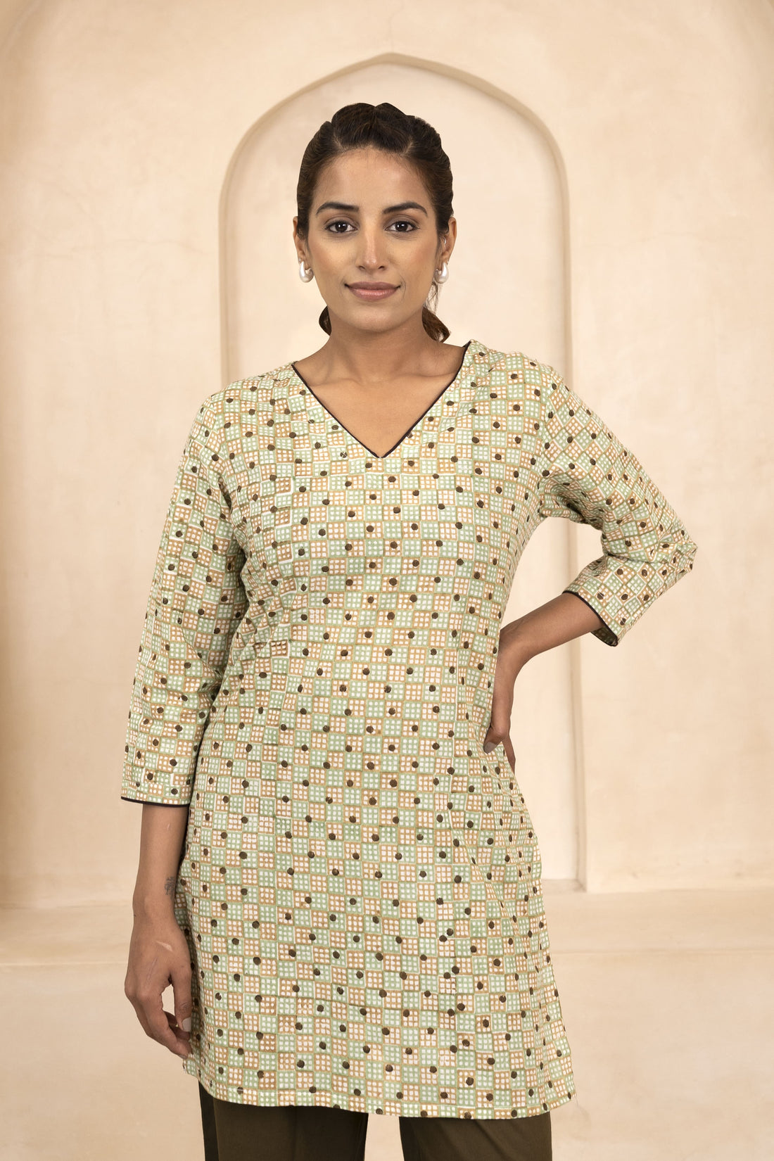 Mint and Beige Handblock Printed Short Kurti