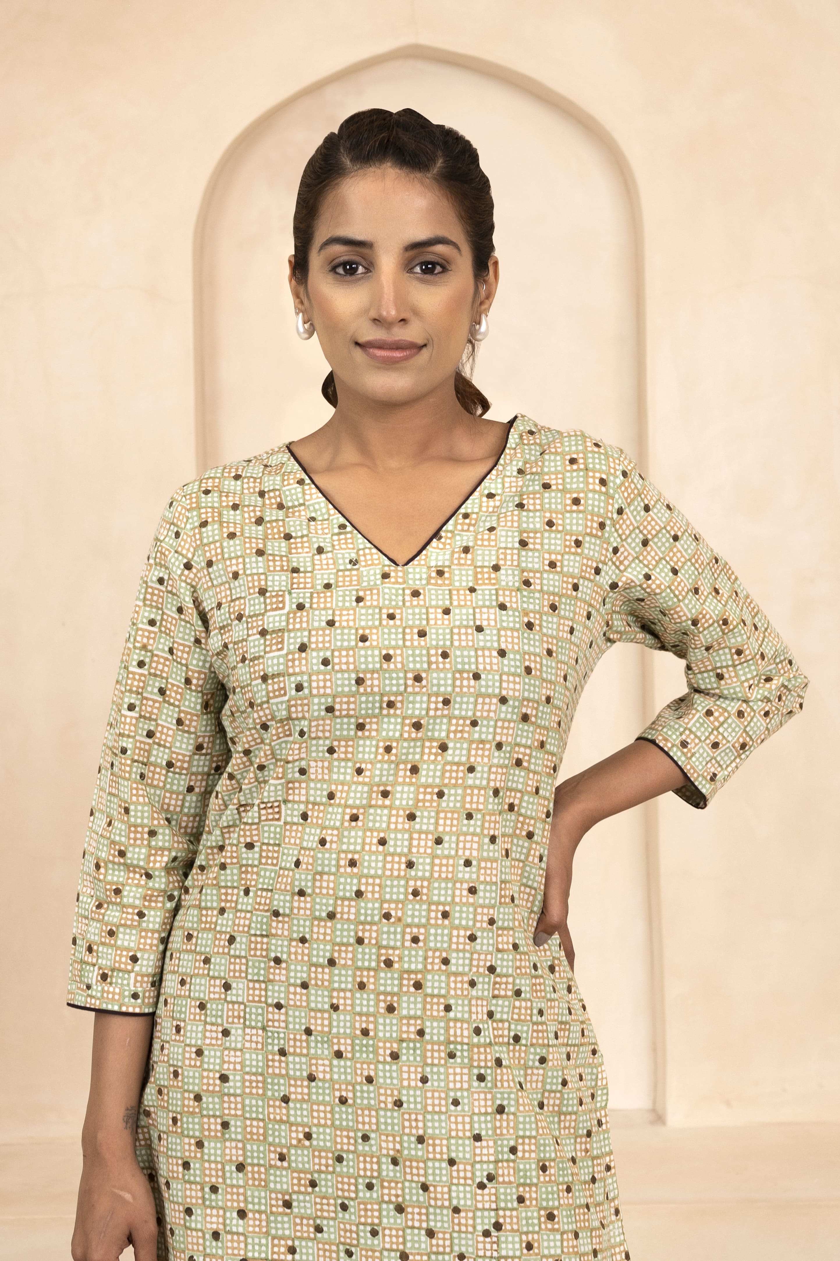 Mint and Beige Handblock Printed Short Kurti