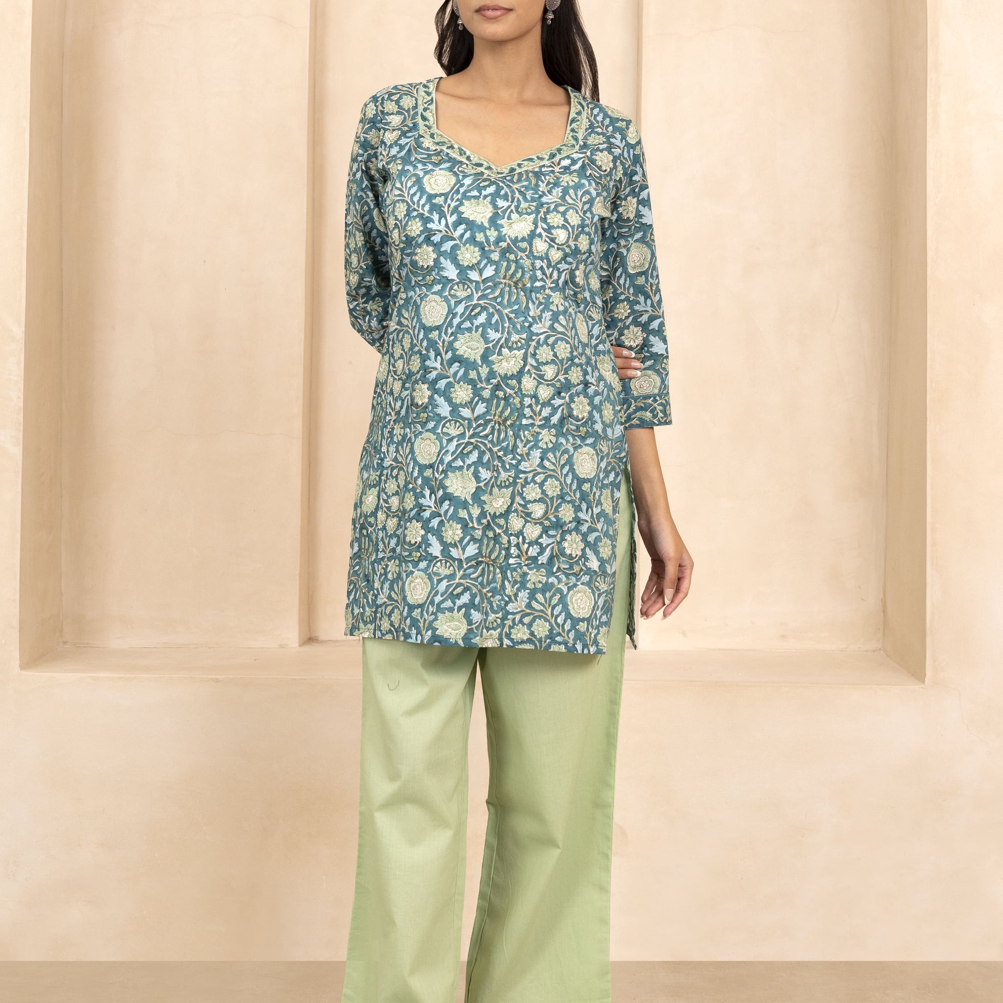 Teal Green Handblock Printed Short Kurti