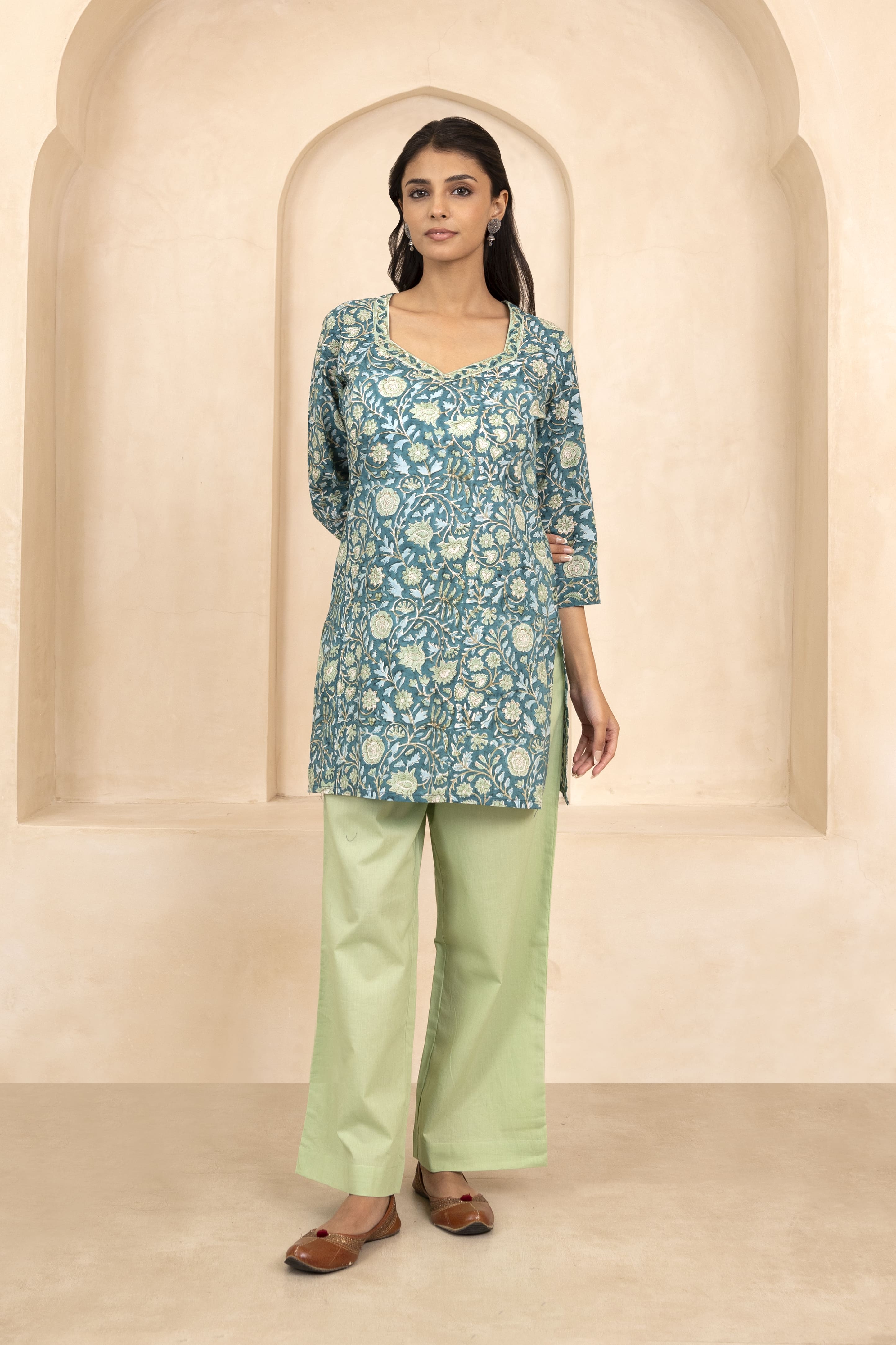 Teal Green Handblock Printed Short Kurti