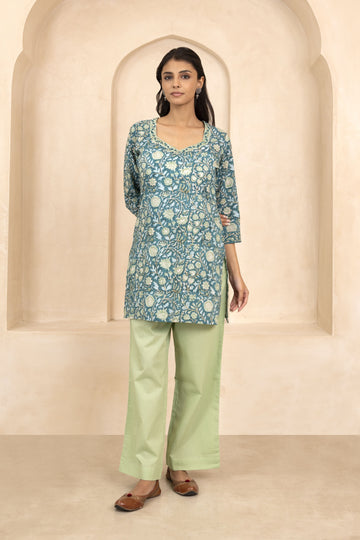 Teal Green Handblock Printed Short Kurti