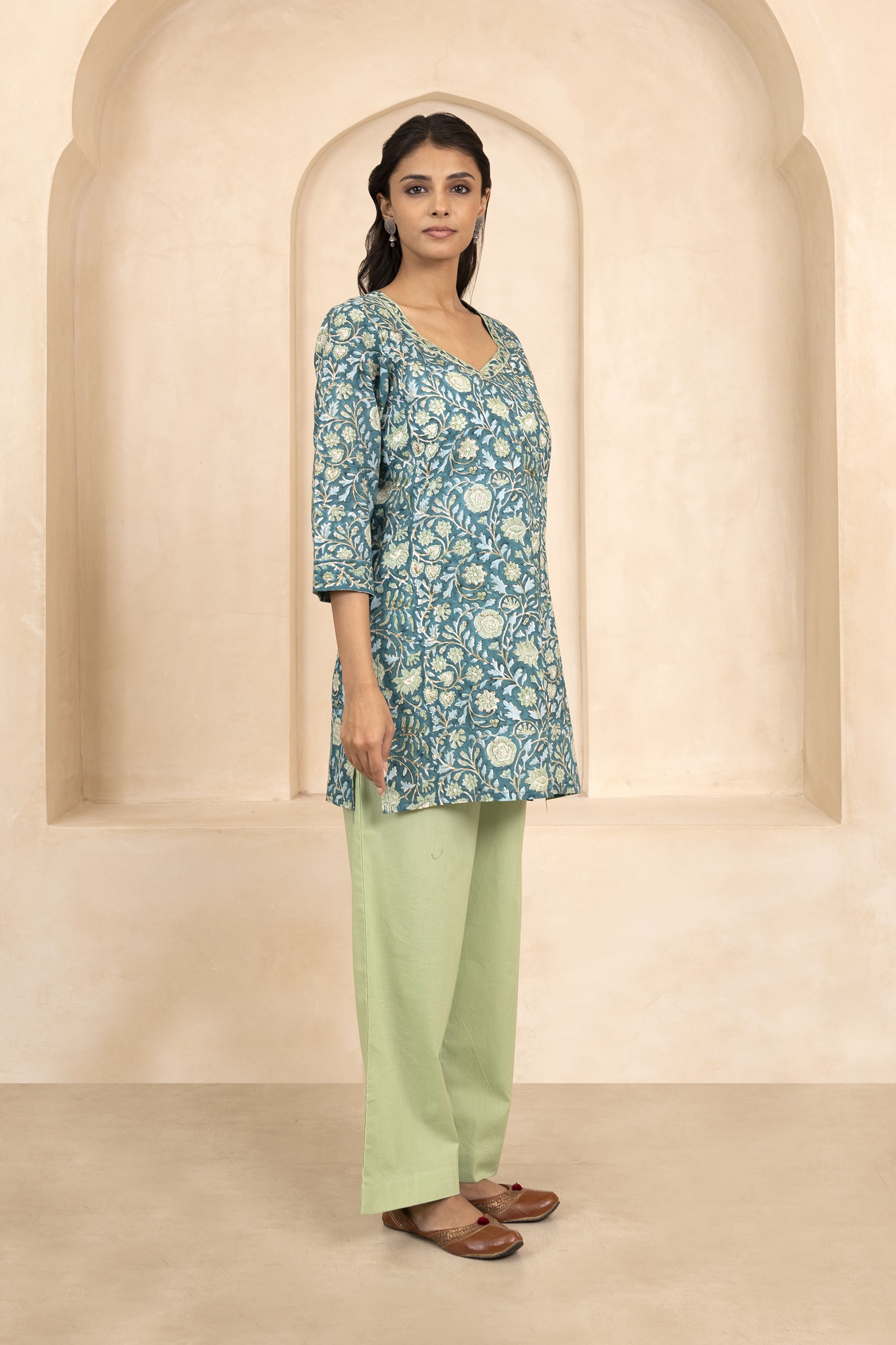 Teal Green Handblock Printed Short Kurti