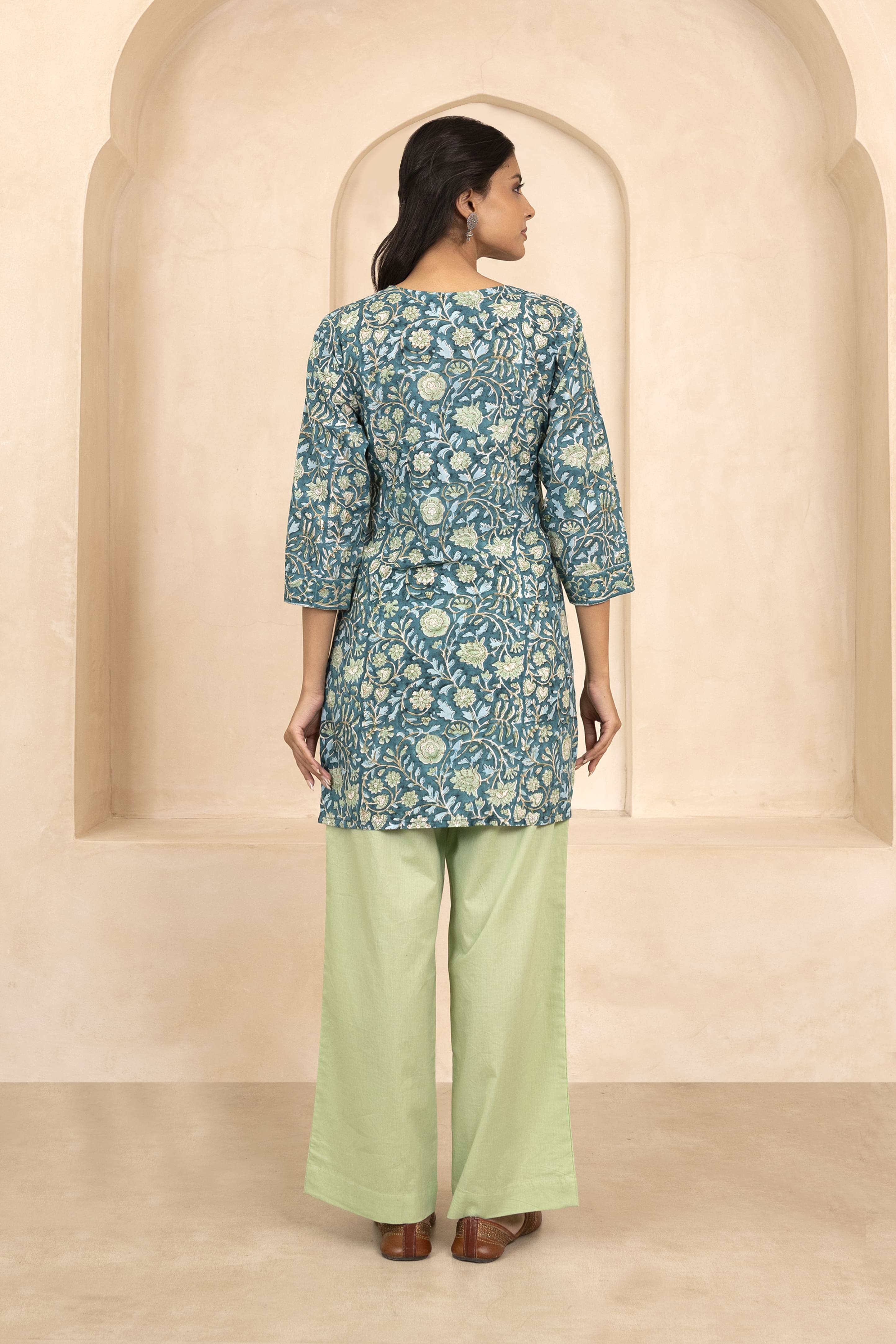 Teal Green Handblock Printed Short Kurti