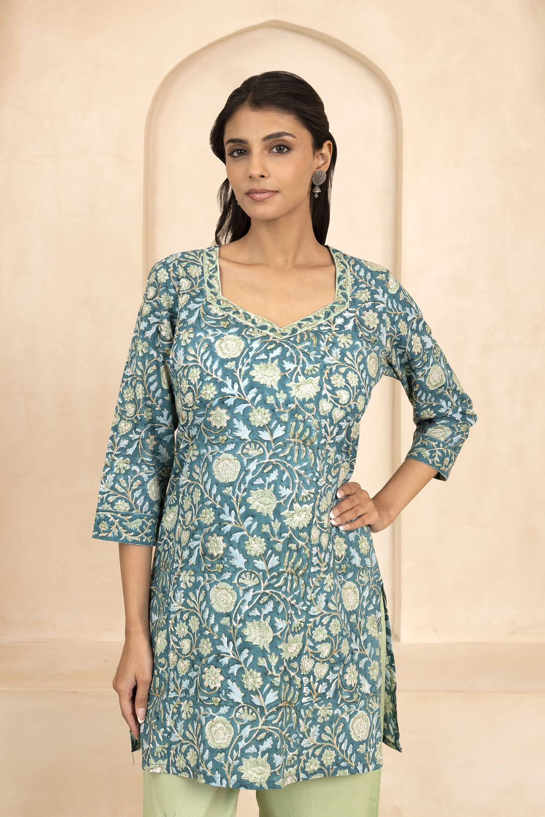 Teal Green Handblock Printed Short Kurti