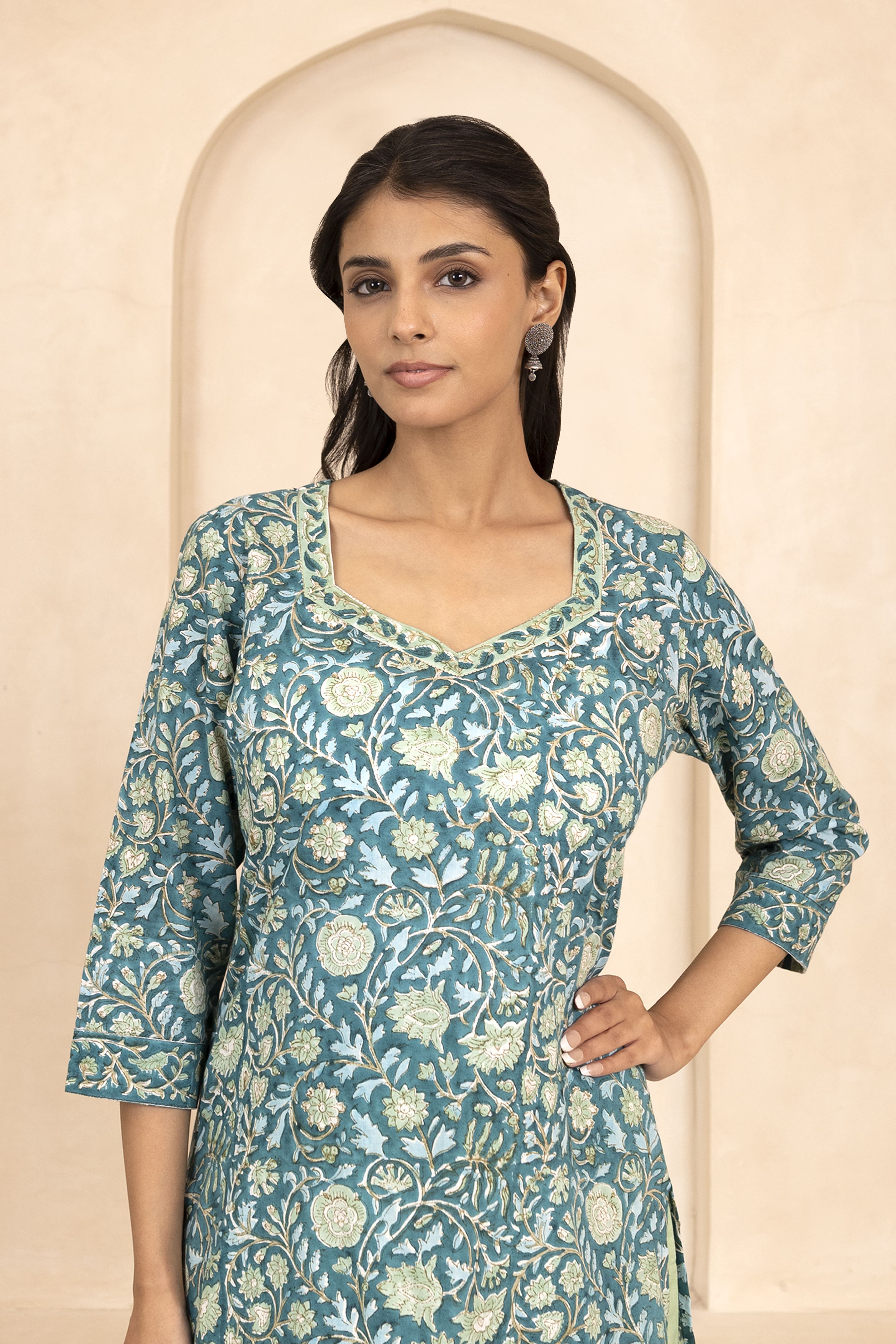 Teal Green Handblock Printed Short Kurti