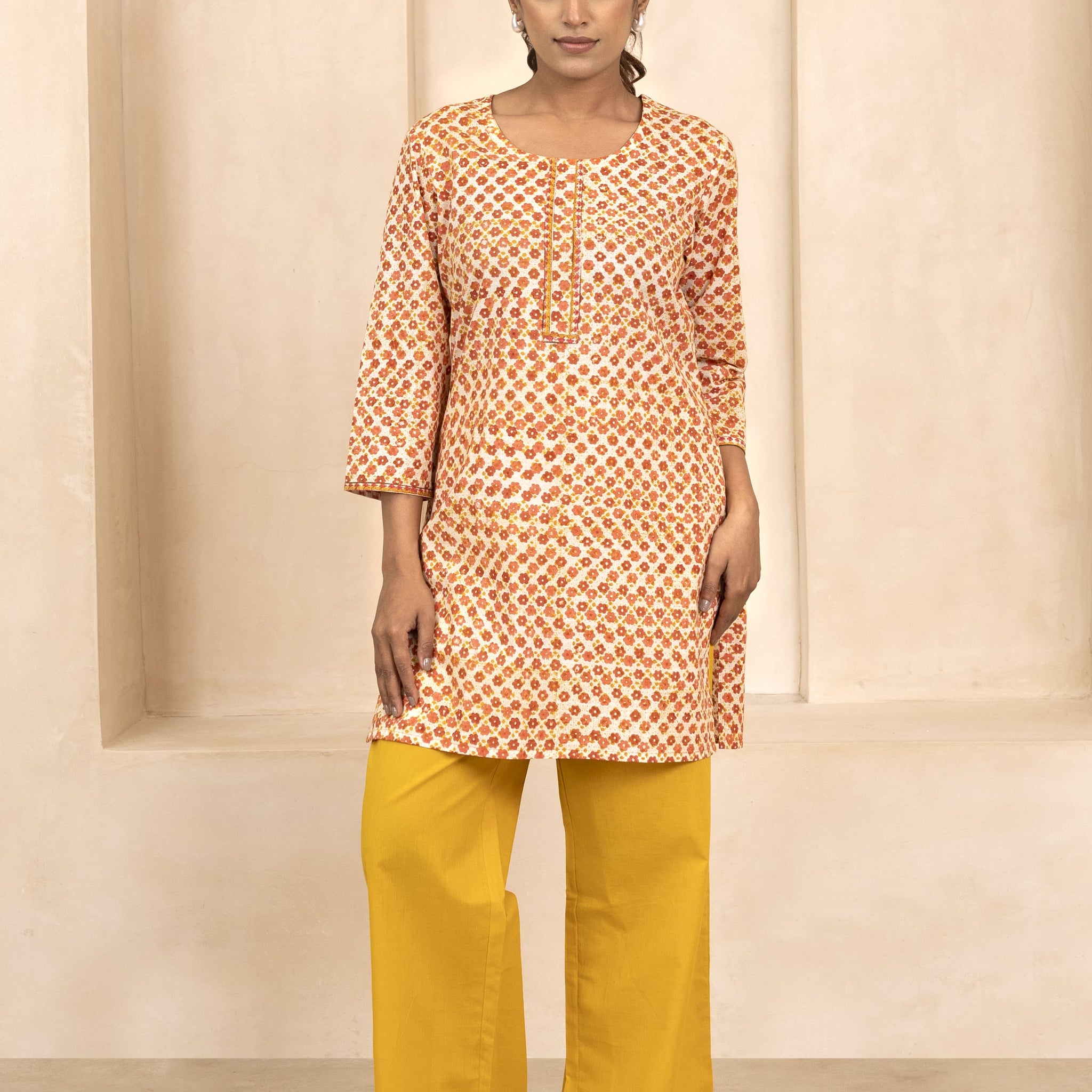 Mustard and Maroon Handblock Printed Short Kurti