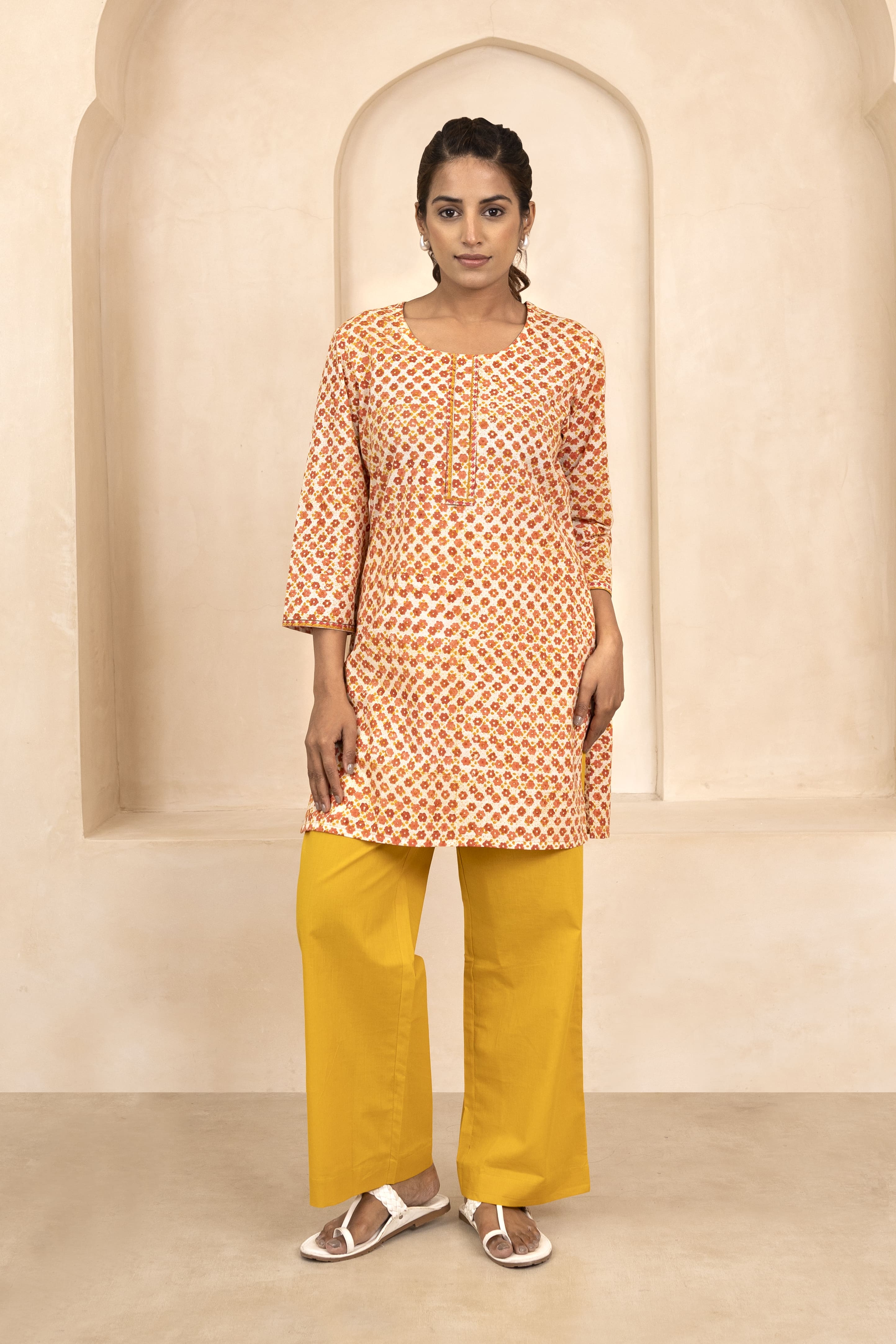 Mustard and Maroon Handblock Printed Short Kurti