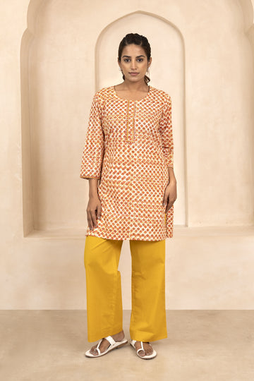 Mustard and Maroon Handblock Printed Short Kurti