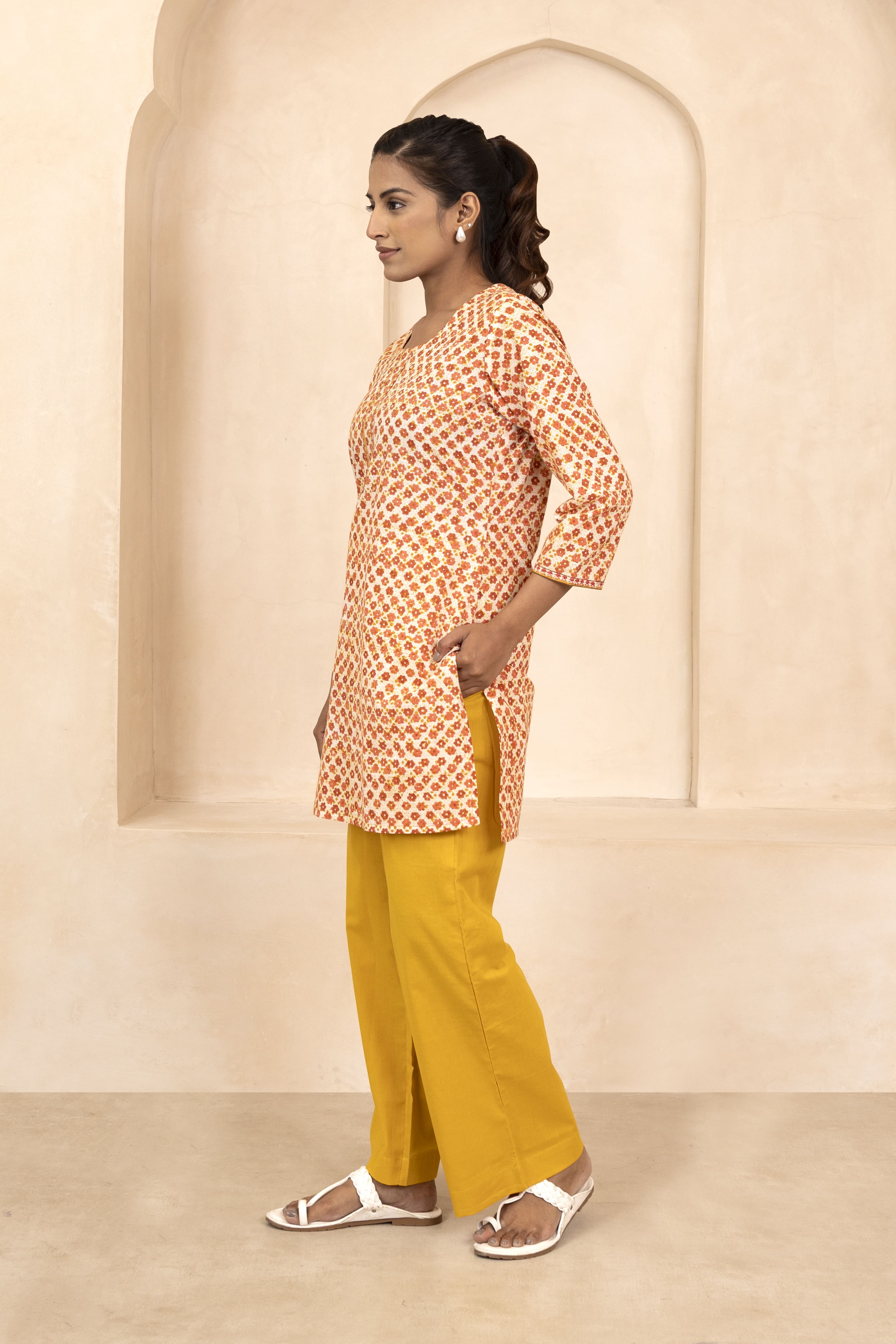 Mustard and Maroon Handblock Printed Short Kurti