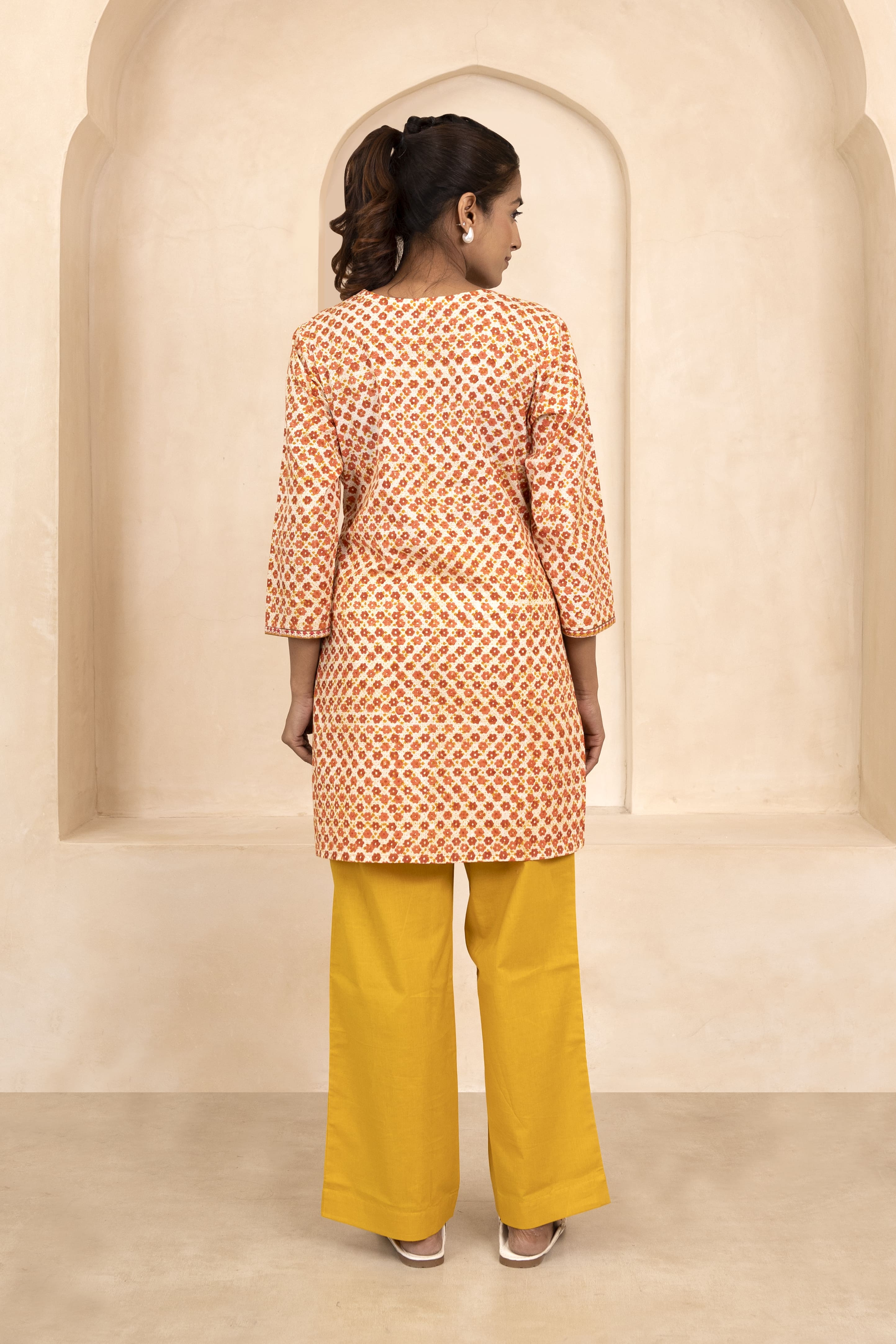 Mustard and Maroon Handblock Printed Short Kurti