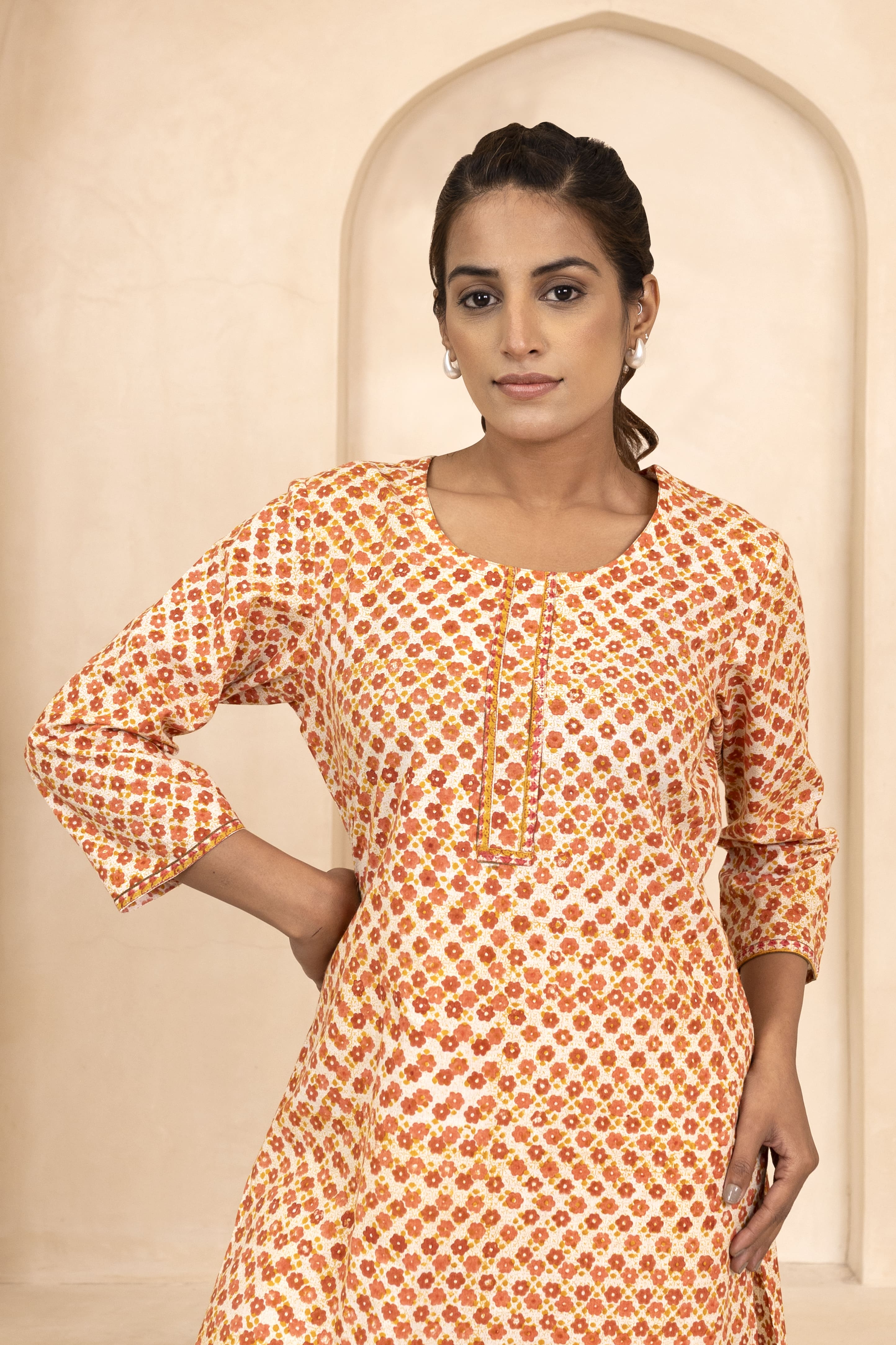 Mustard and Maroon Handblock Printed Short Kurti
