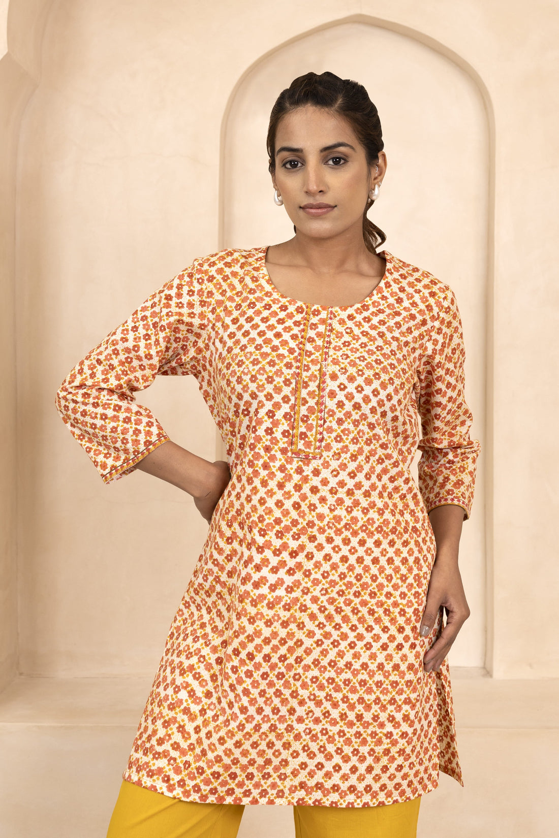 Mustard and Maroon Handblock Printed Short Kurti