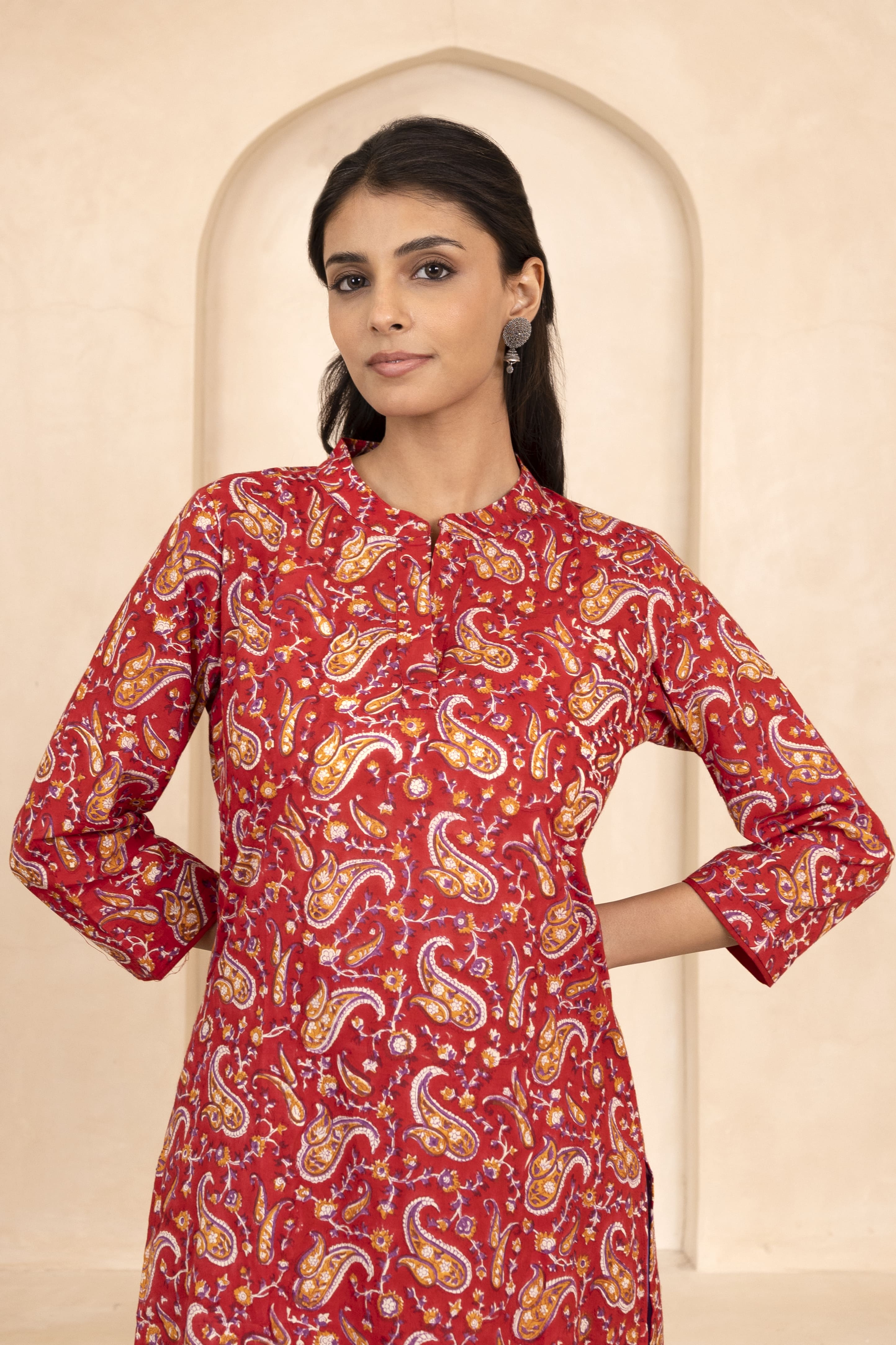Red Handblock Printed Short Kurti