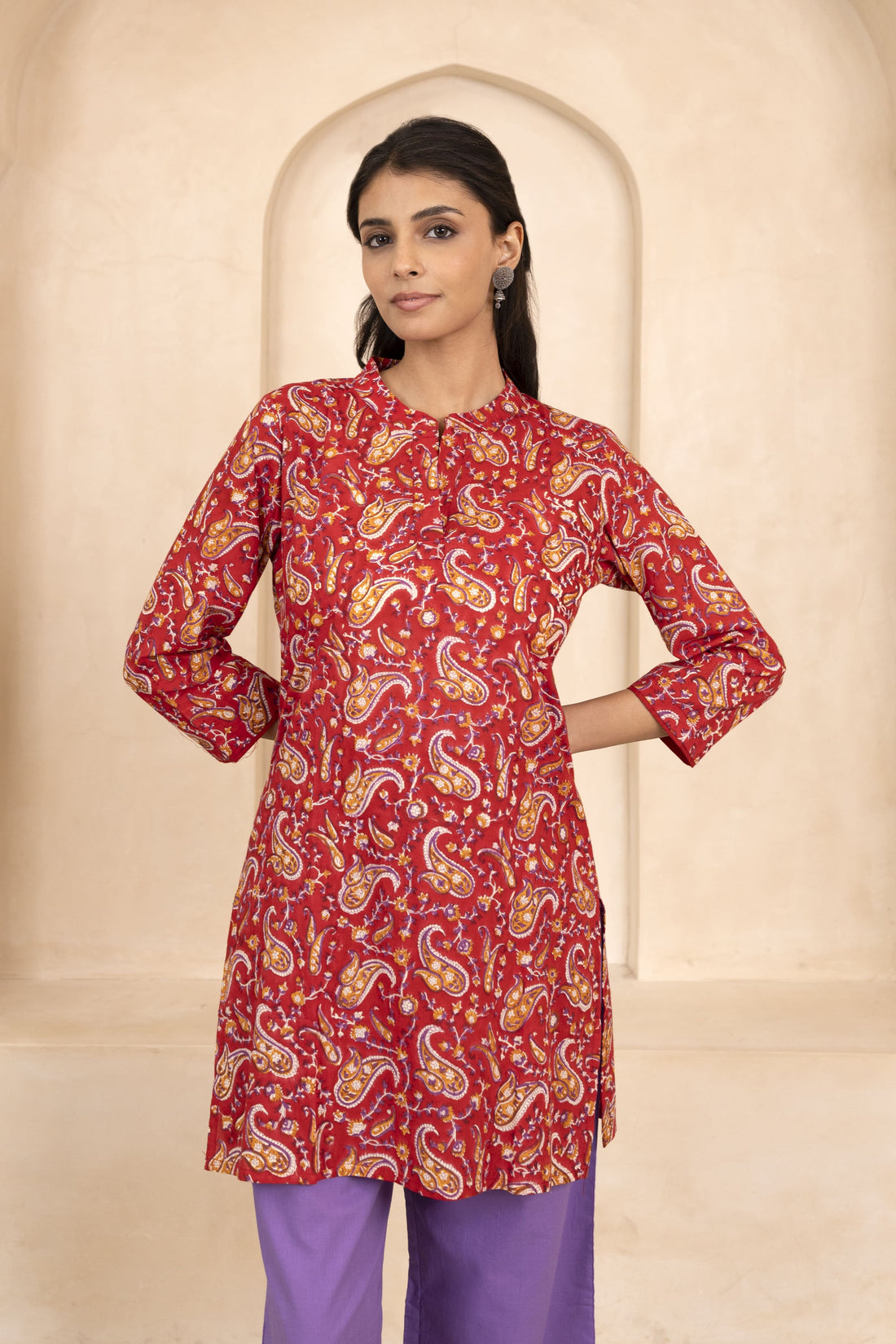 Red Handblock Printed Short Kurti