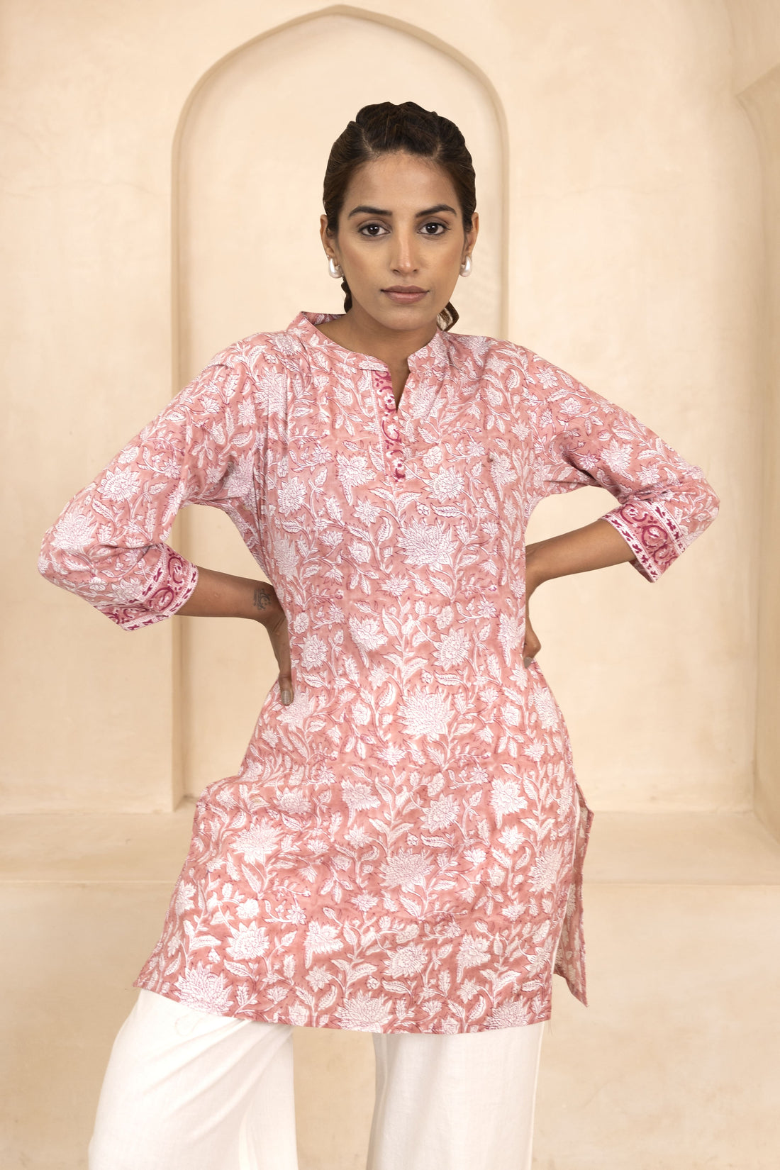 Peach Handblock Printed Short Kurti