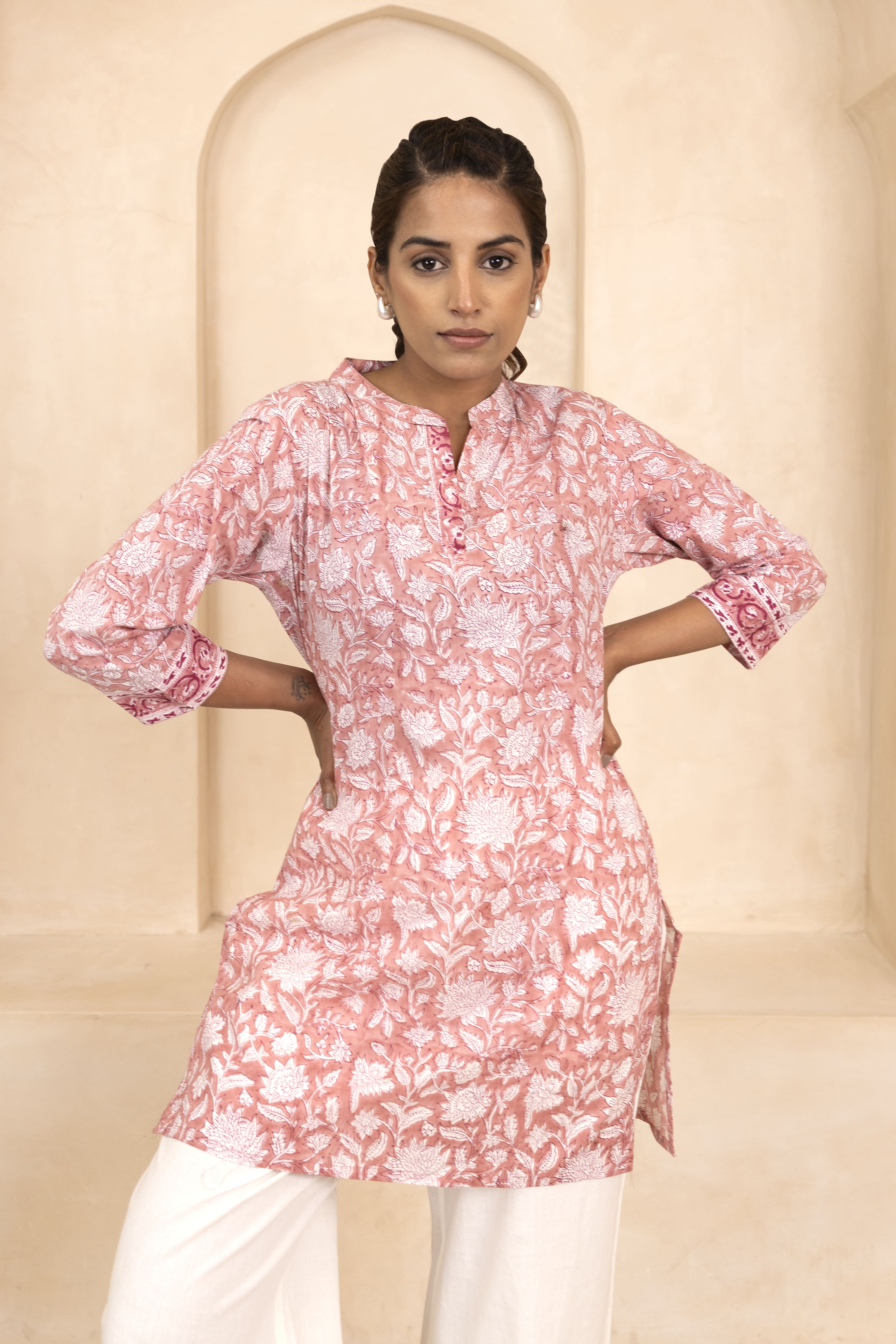 Peach Handblock Printed Short Kurti