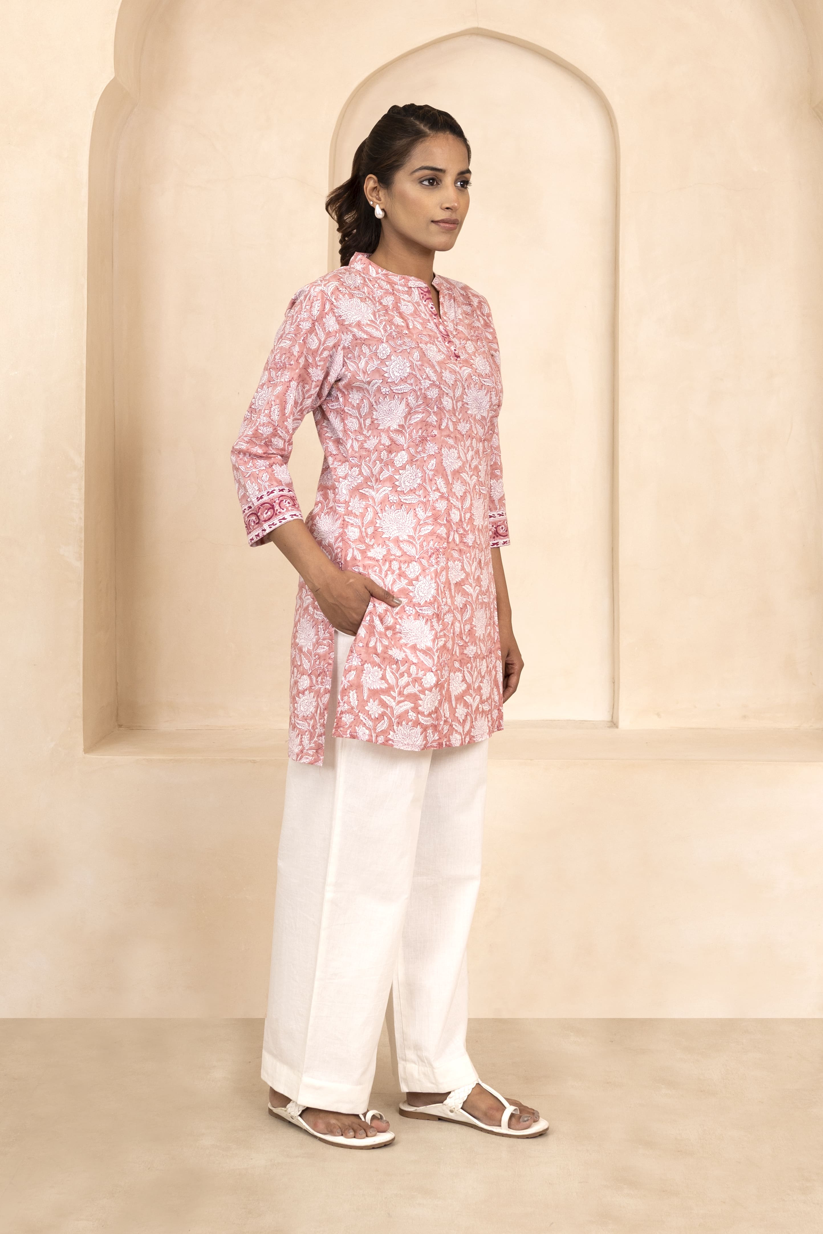 Peach Handblock Printed Short Kurti