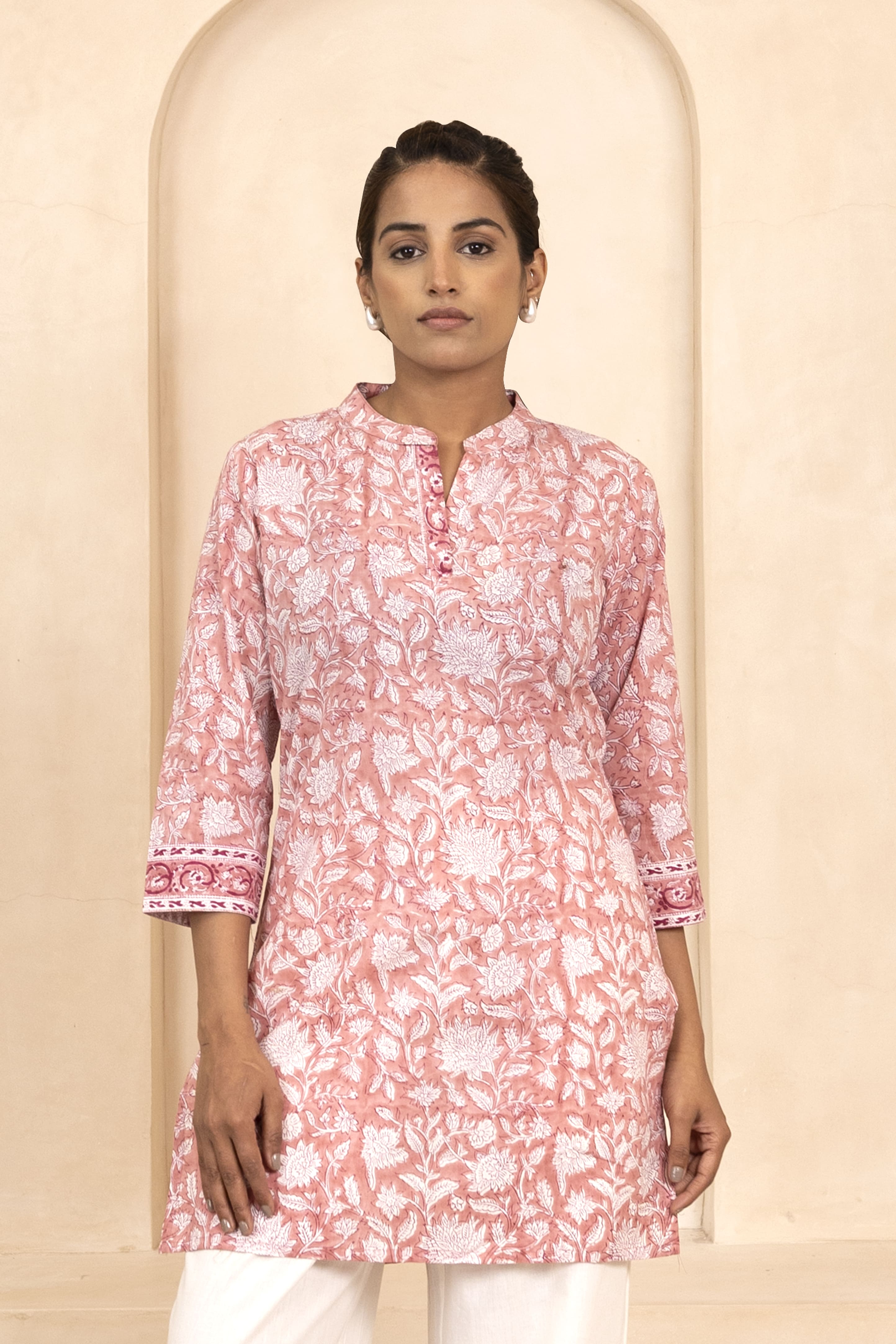 Peach Handblock Printed Short Kurti