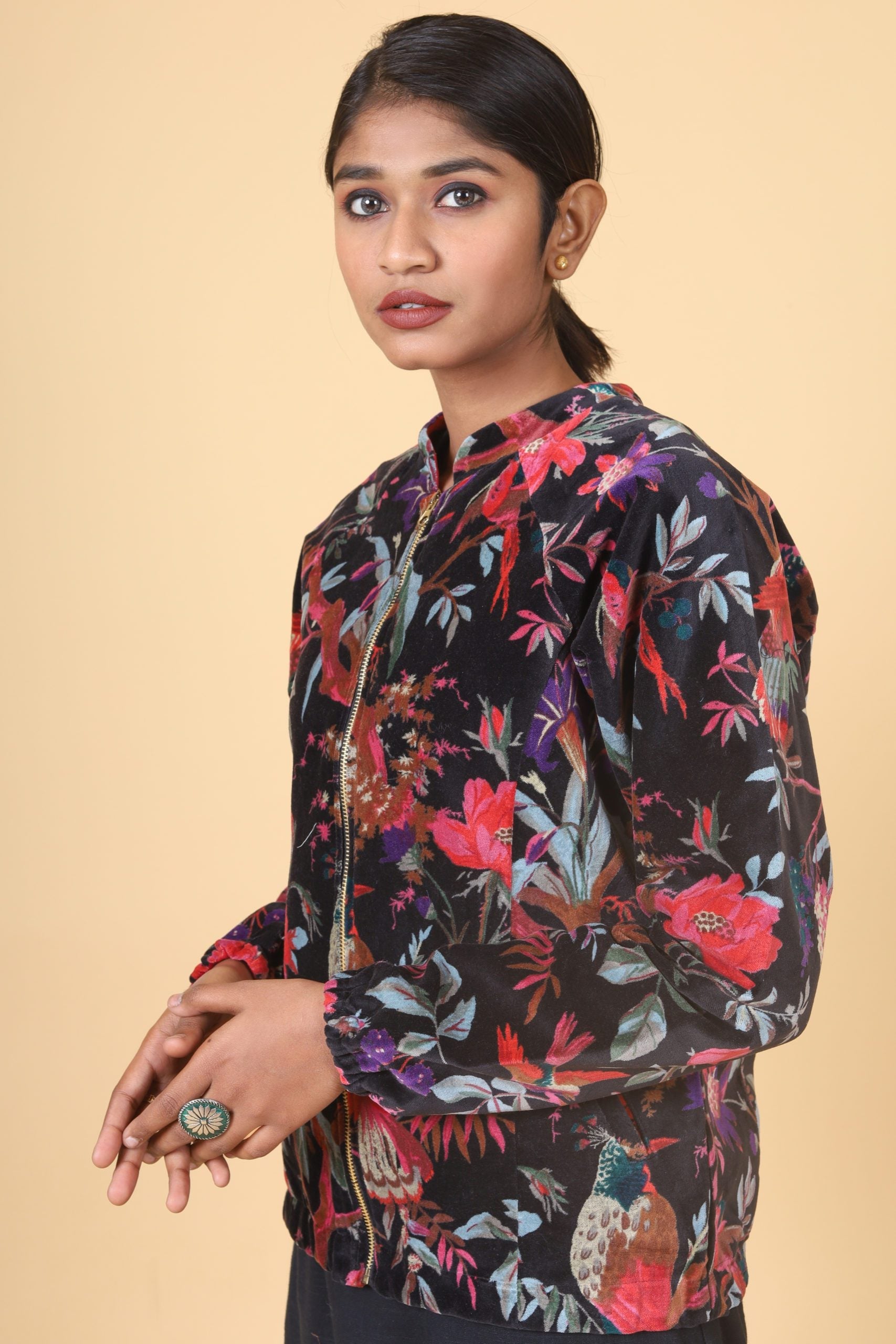 Zade Black Short Velvet Bomber Jacket