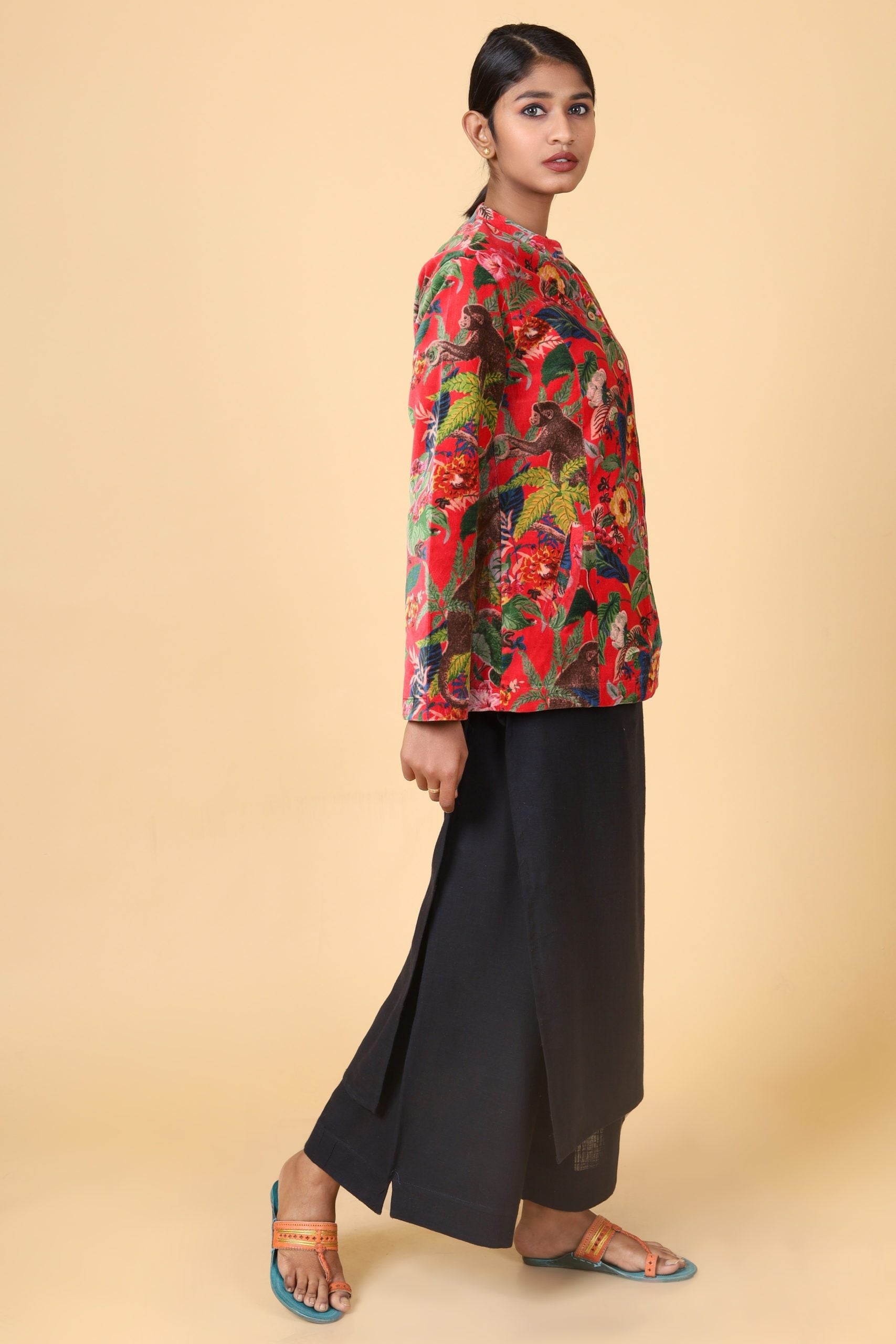 Candy Red Short Velvet Floral Forest Printed Jacket