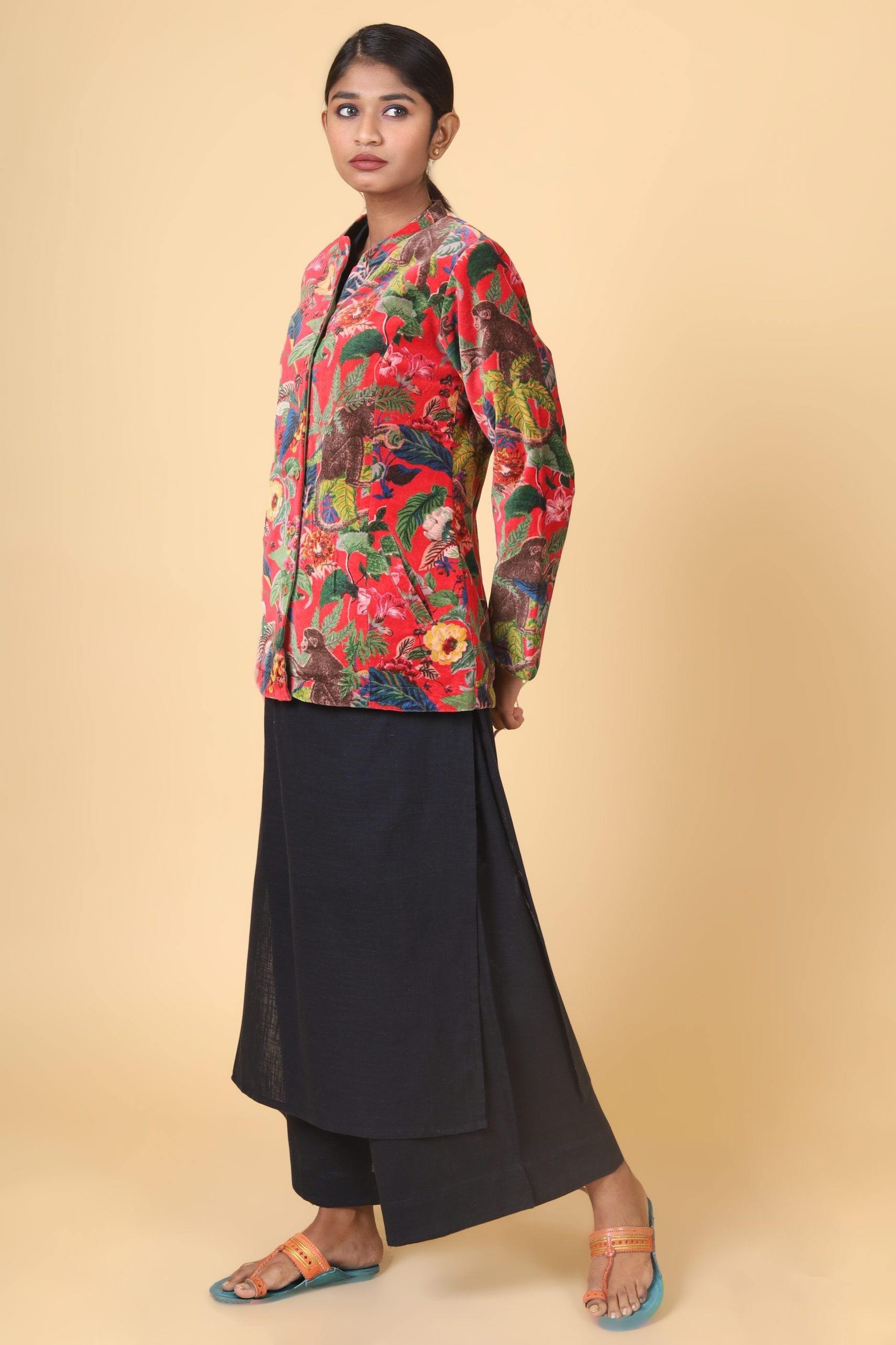 Candy Red Short Velvet Floral Forest Printed Jacket