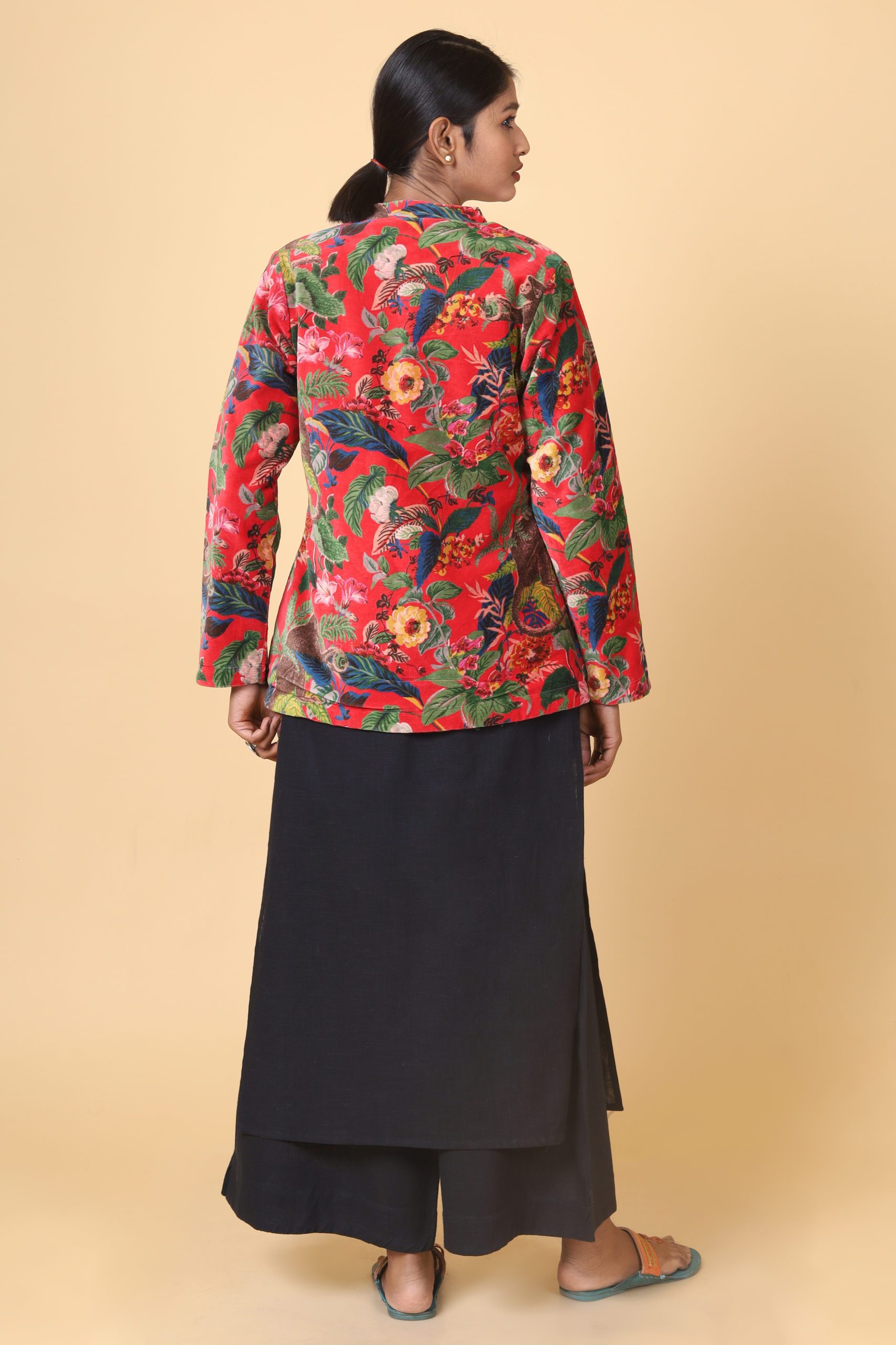 Candy Red Short Velvet Floral Forest Printed Jacket
