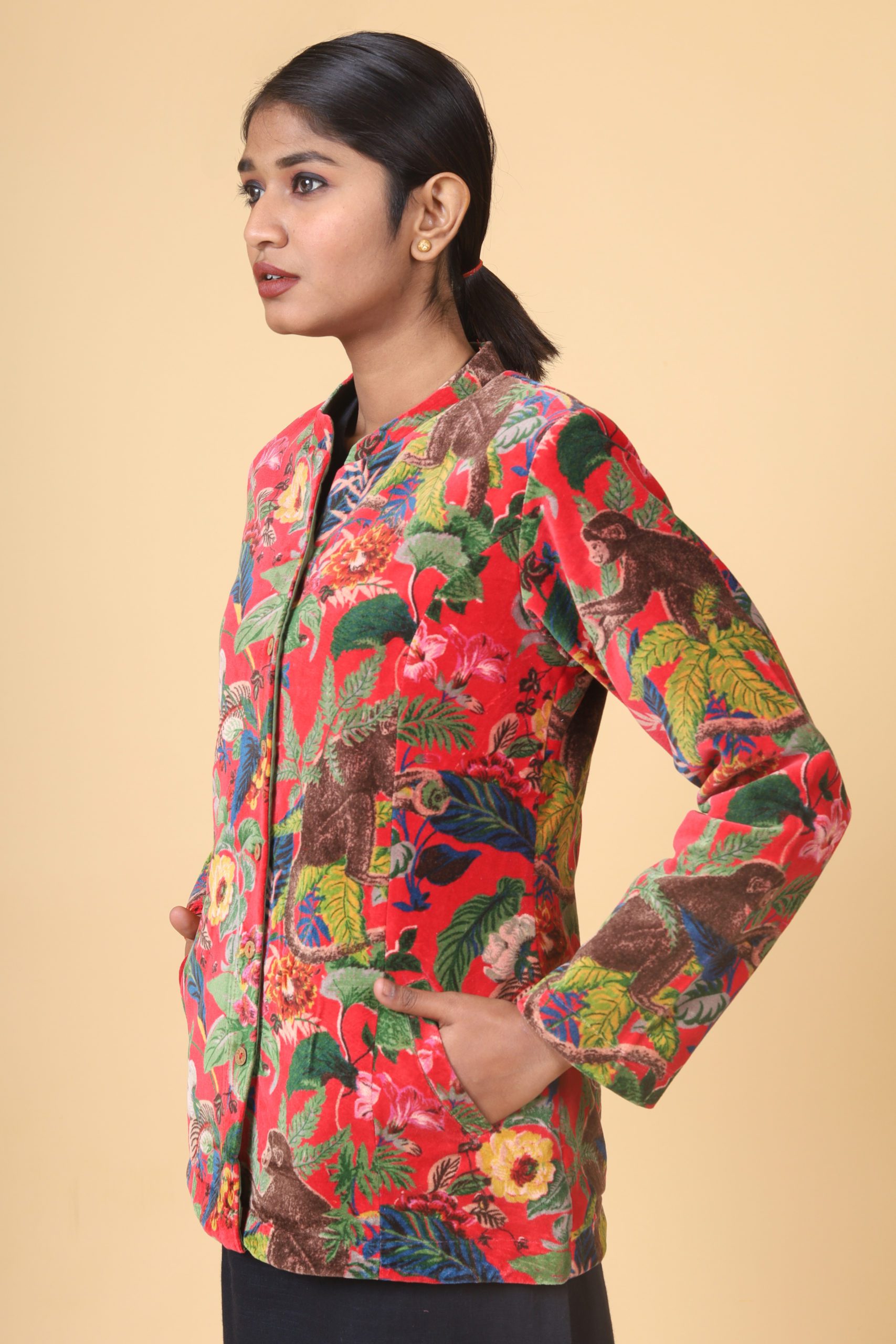 Candy Red Short Velvet Floral Forest Printed Jacket