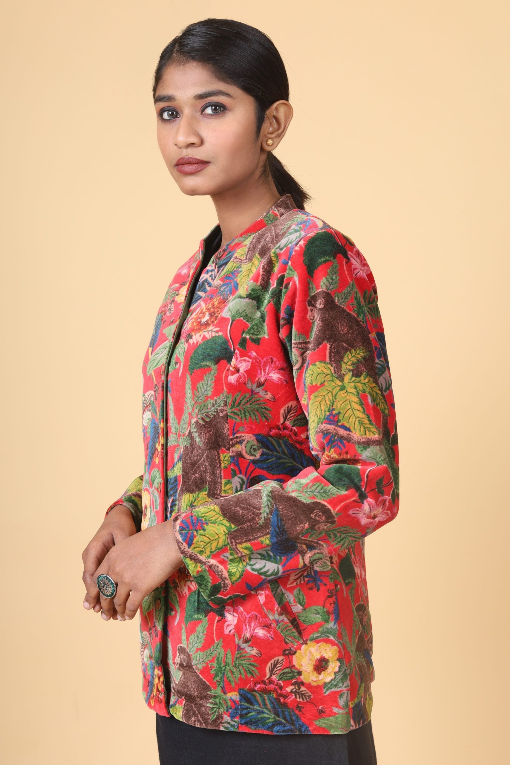 Candy Red Short Velvet Floral Forest Printed Jacket