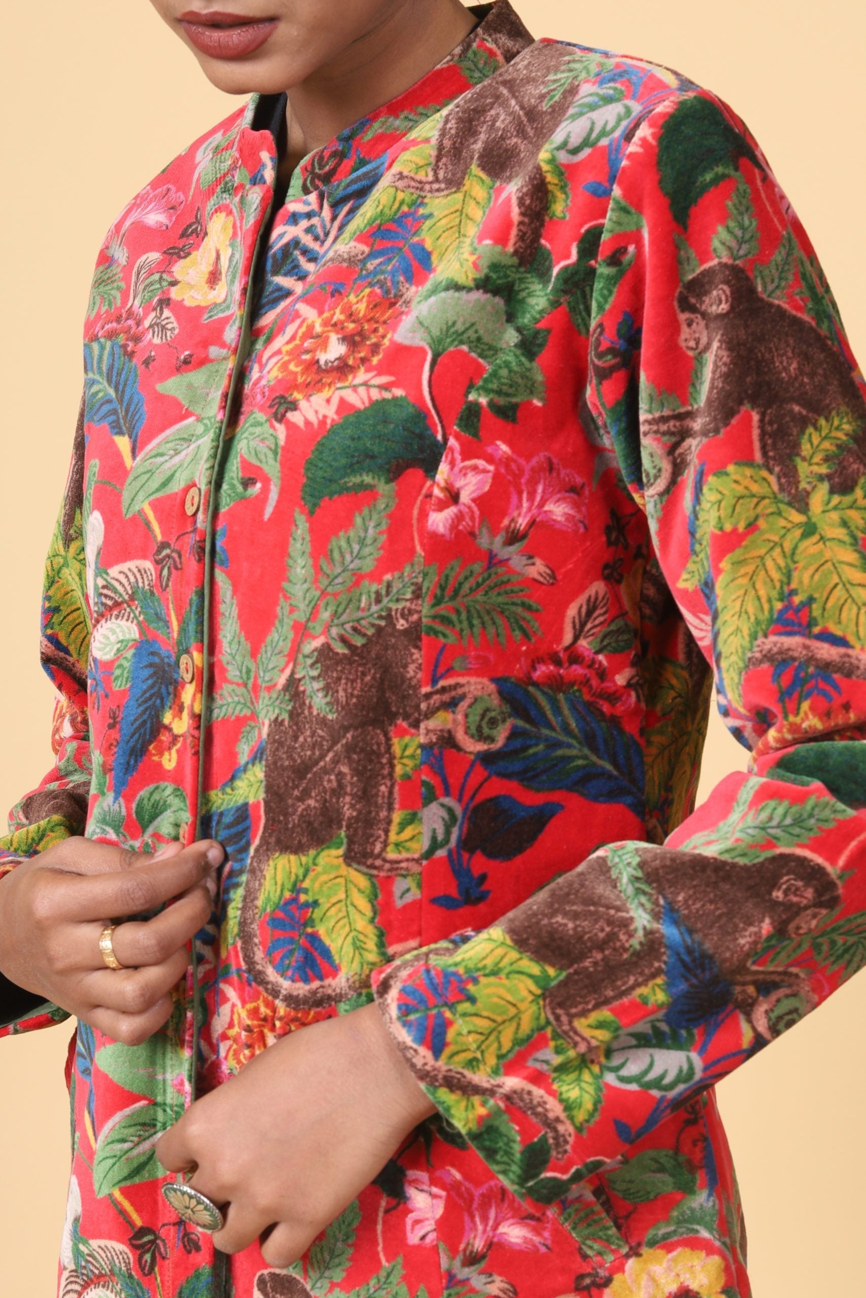 Candy Red Short Velvet Floral Forest Printed Jacket