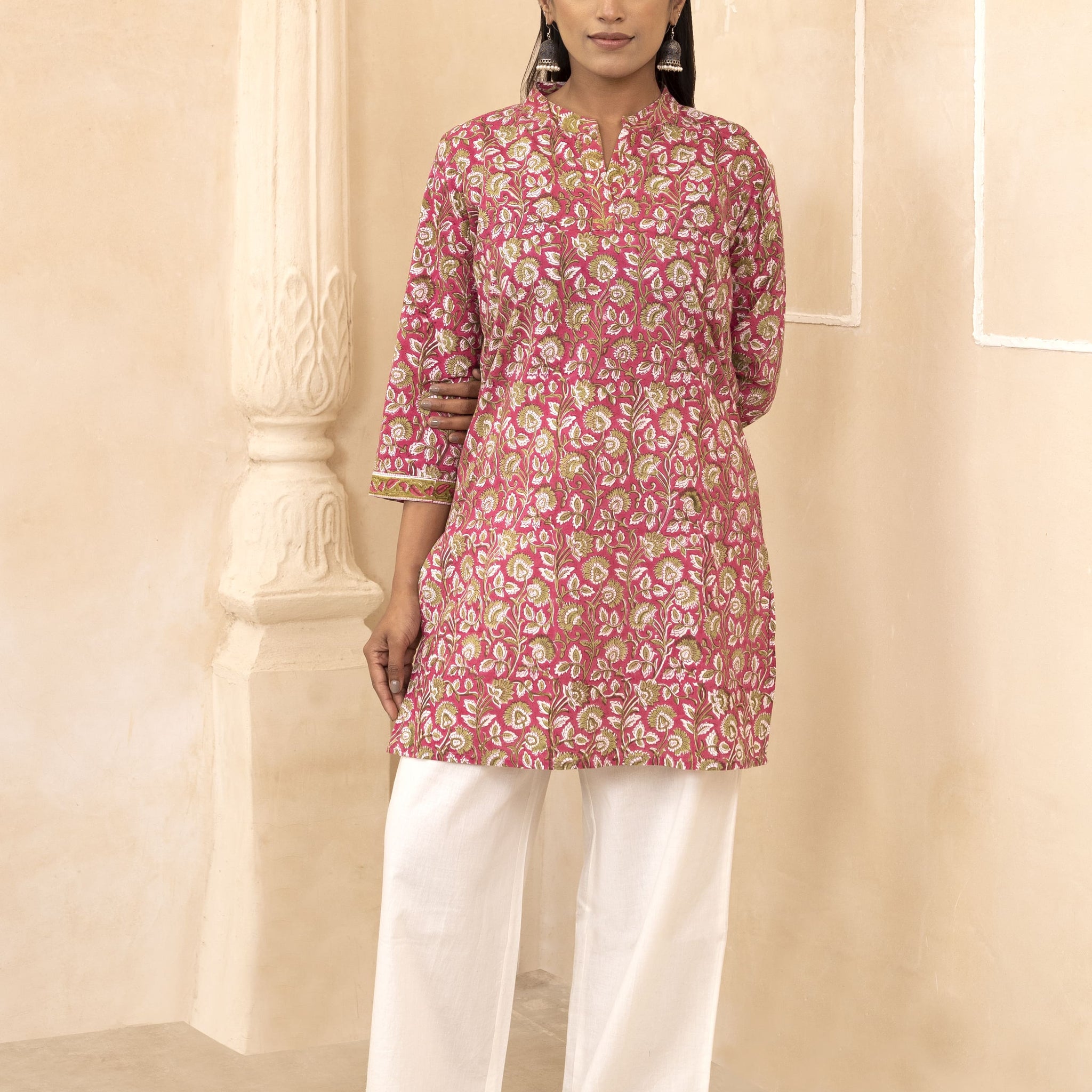 Raspberry Pink Handblock Printed Short Kurti