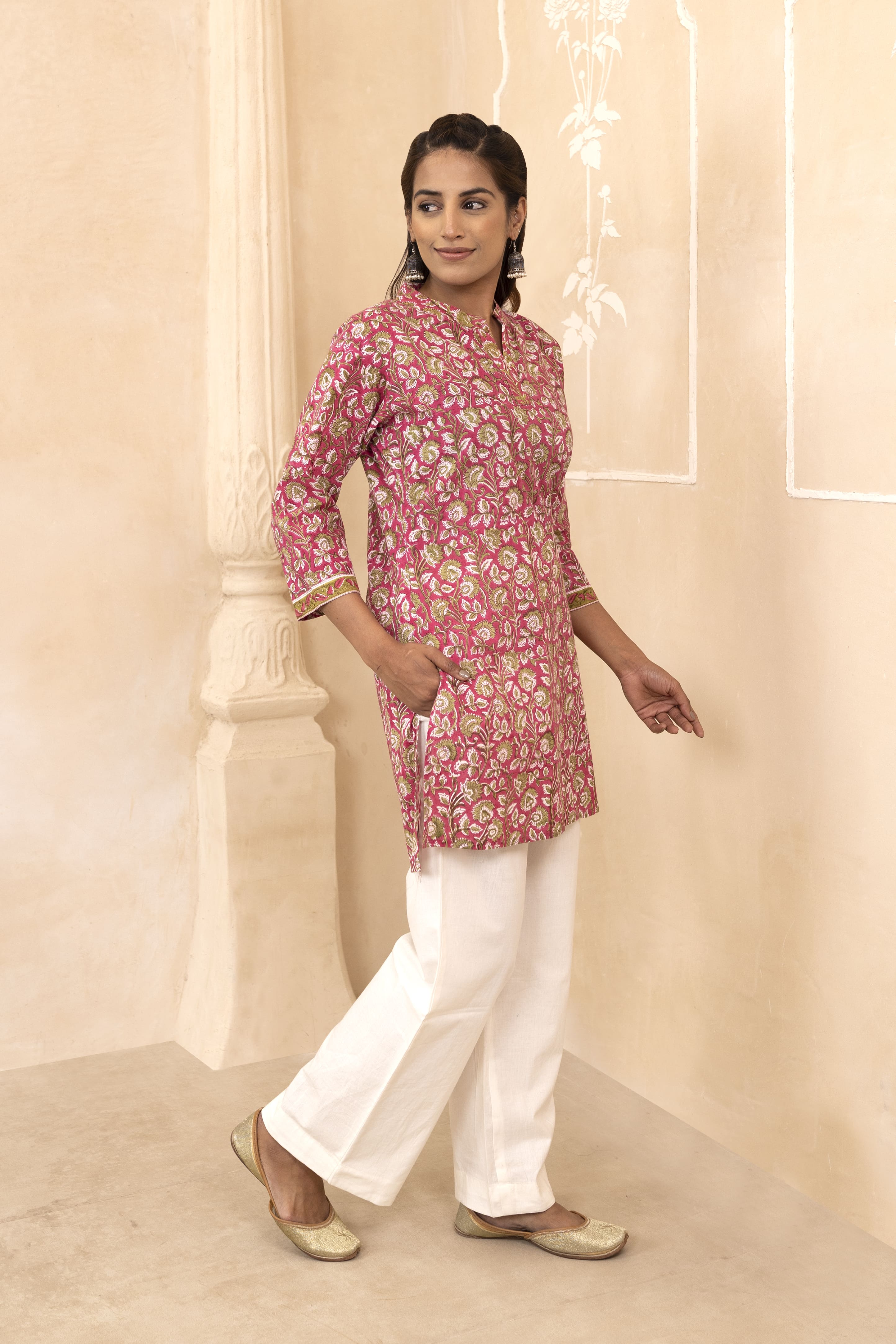 Raspberry Pink Handblock Printed Short Kurti