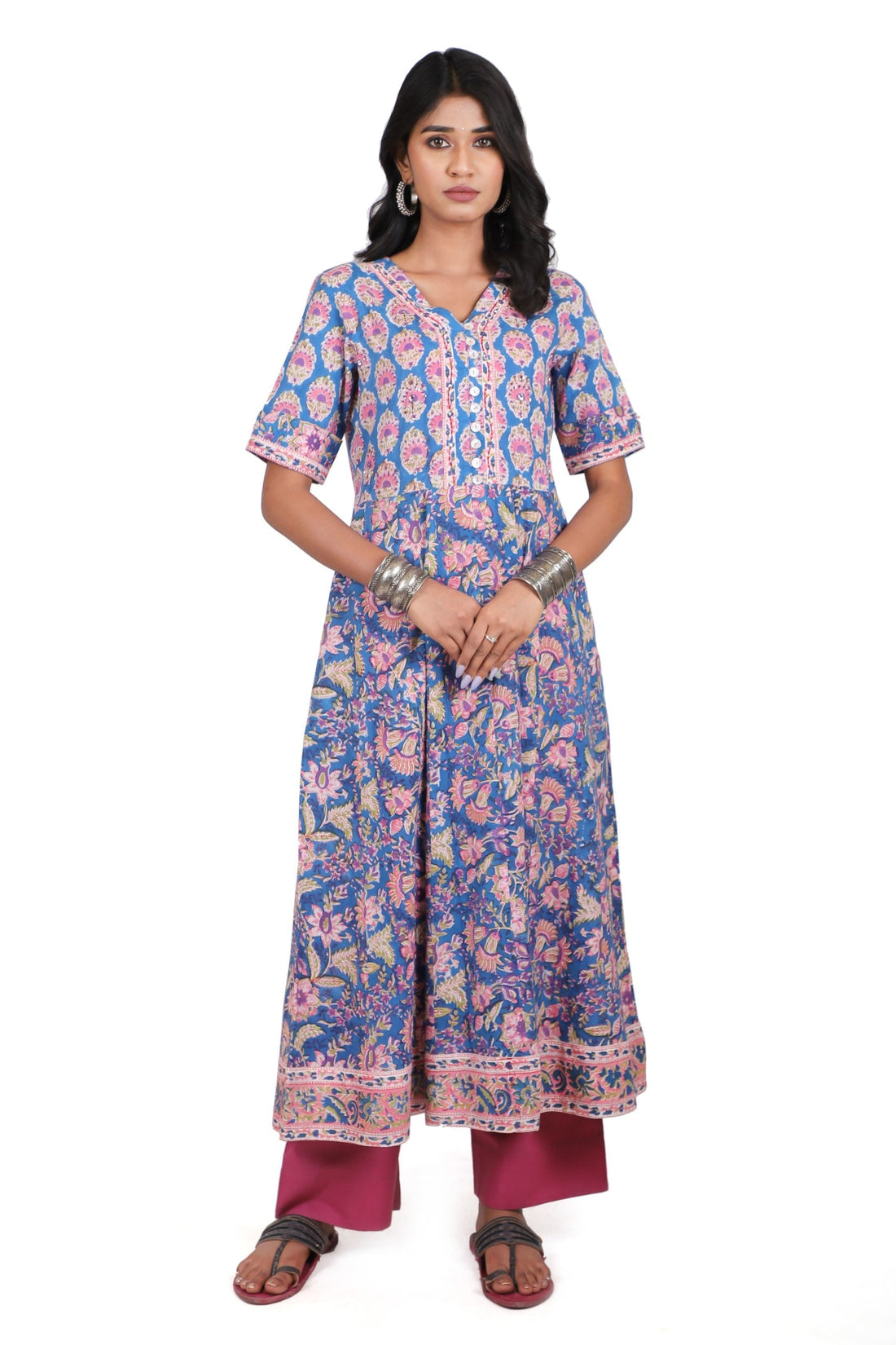 Sapphire Blue with Rouge pink handblock printed anarkali kurta