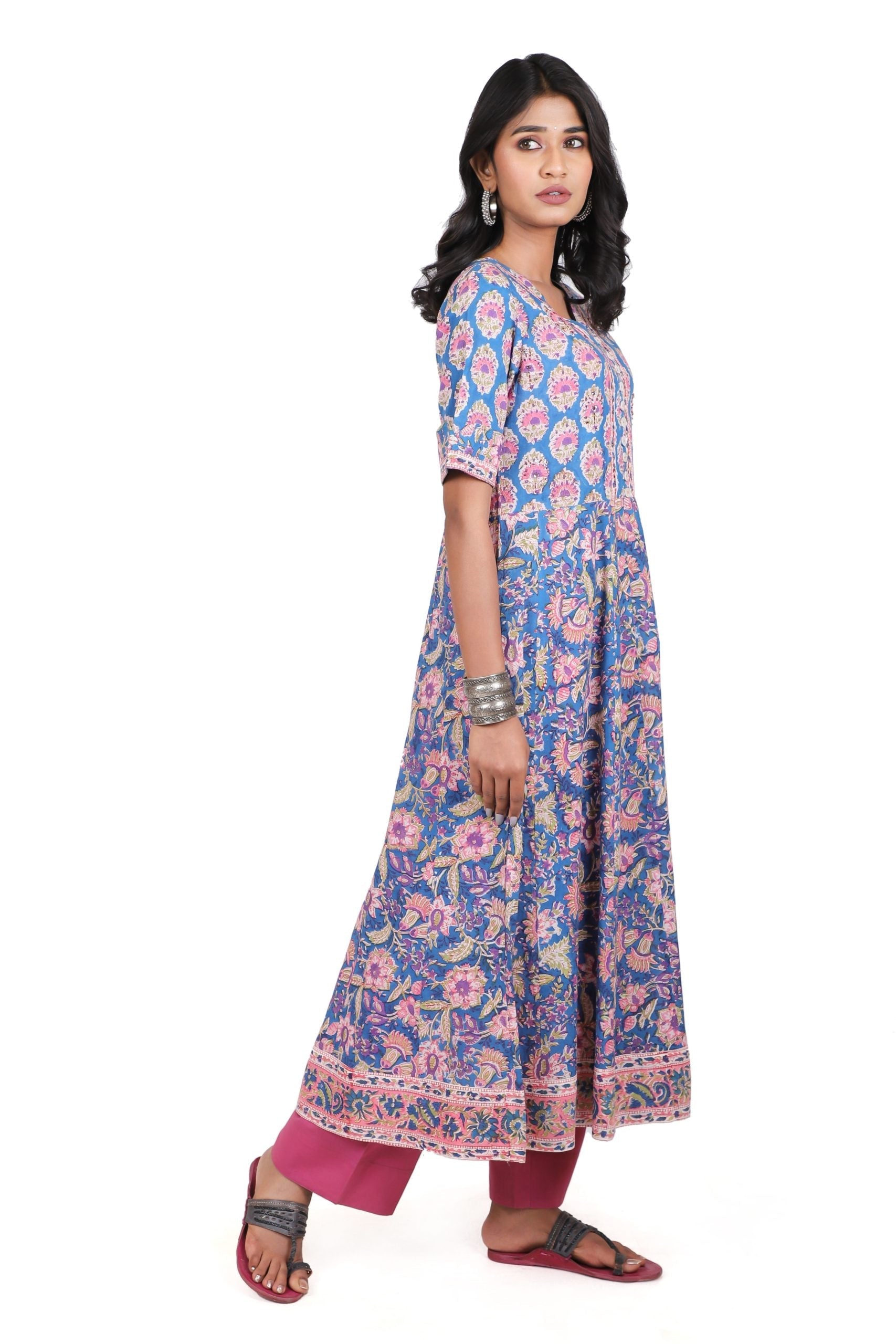 Sapphire Blue with Rouge pink handblock printed anarkali kurta