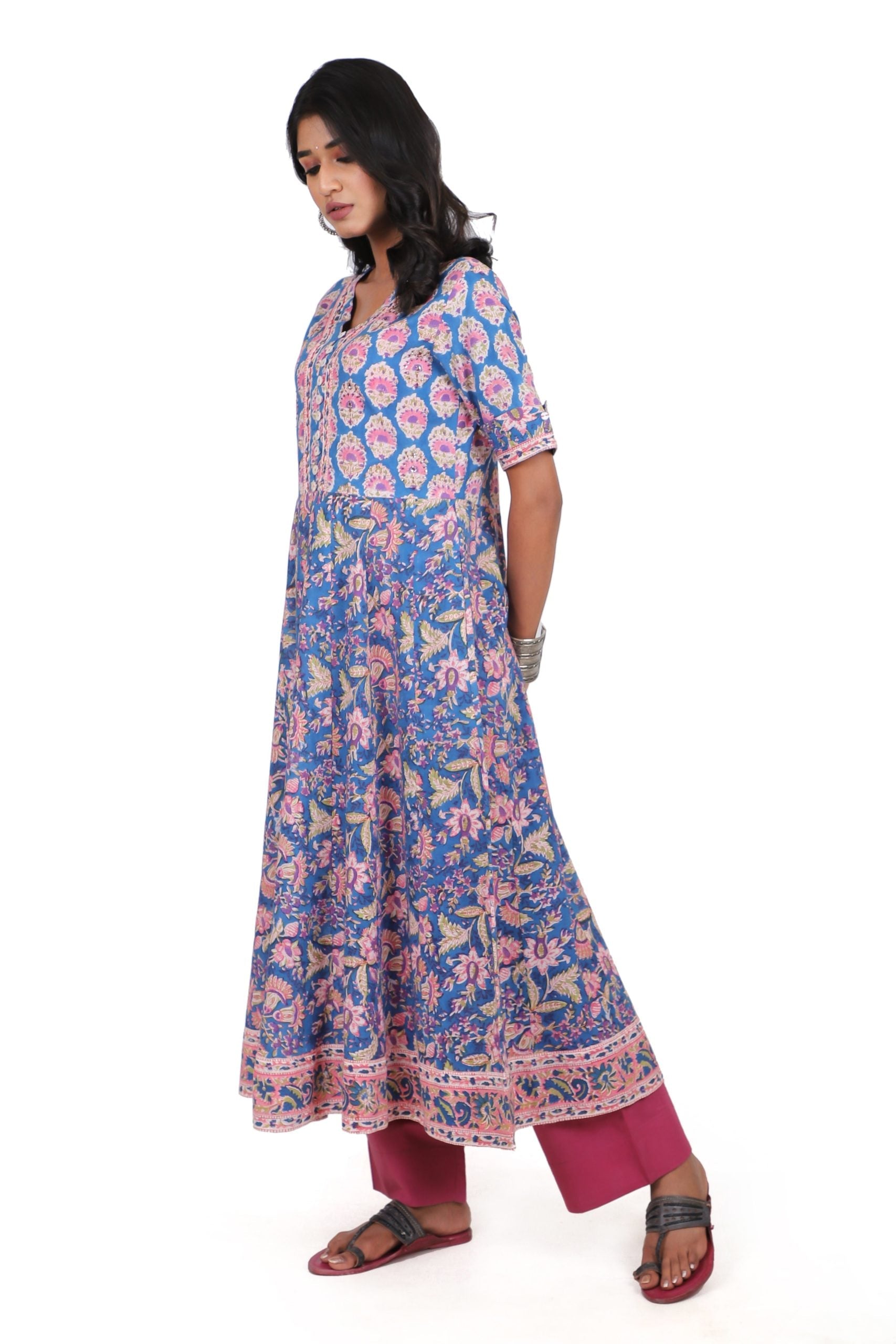 Sapphire Blue with Rouge pink handblock printed anarkali kurta