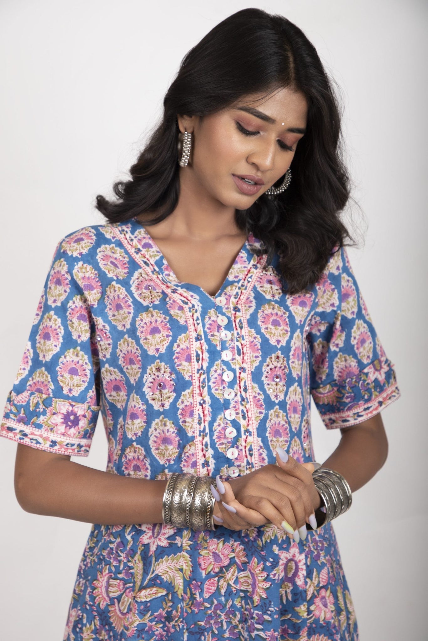 Sapphire Blue with Rouge pink handblock printed anarkali kurta