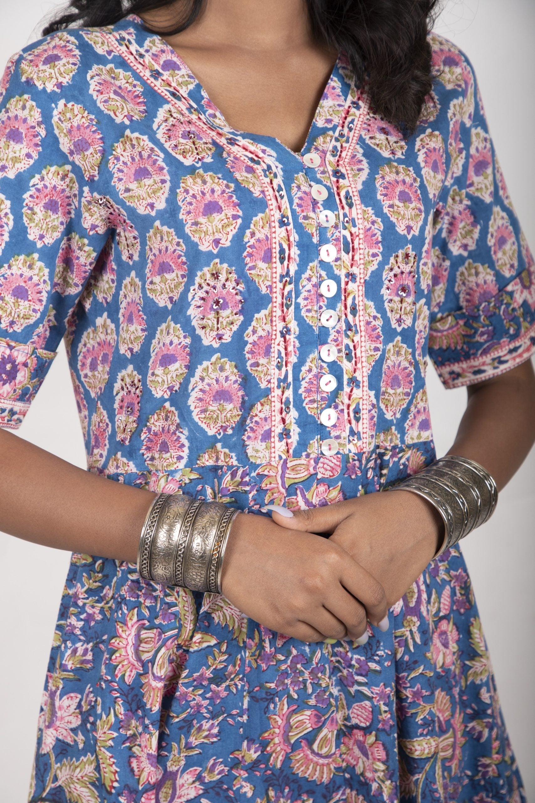 Sapphire Blue with Rouge pink handblock printed anarkali kurta