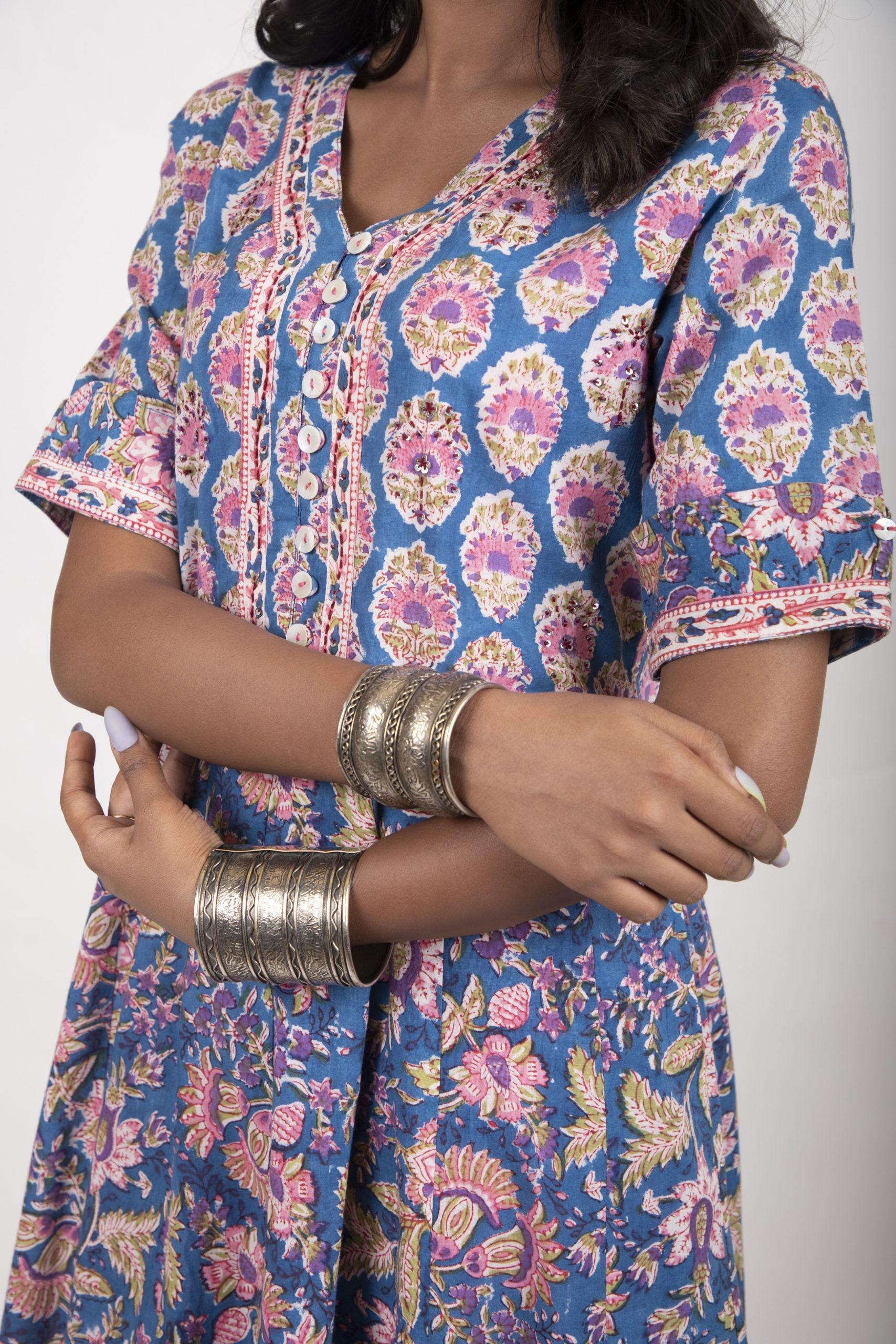 Sapphire Blue with Rouge pink handblock printed anarkali kurta