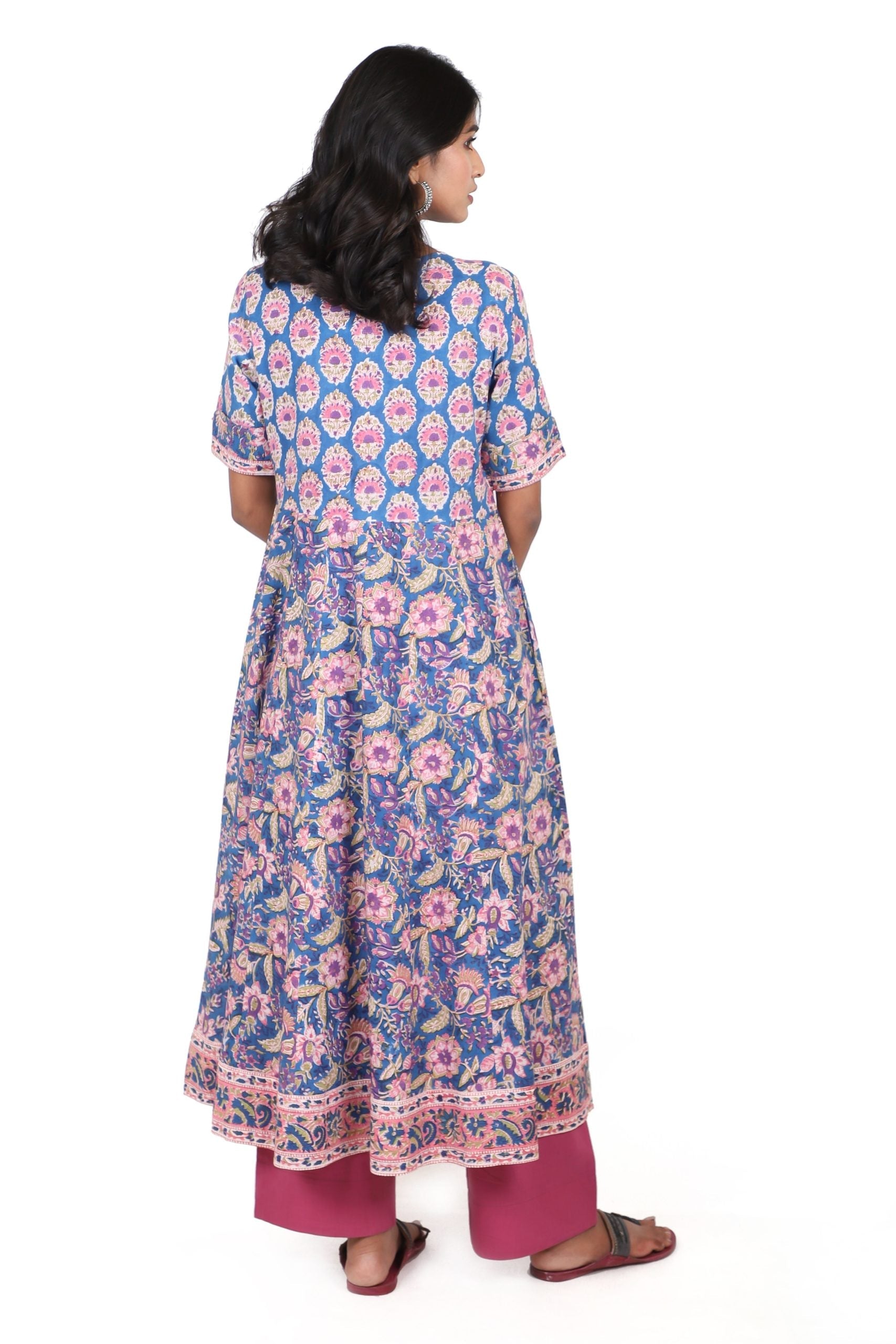 Sapphire Blue with Rouge pink handblock printed anarkali kurta